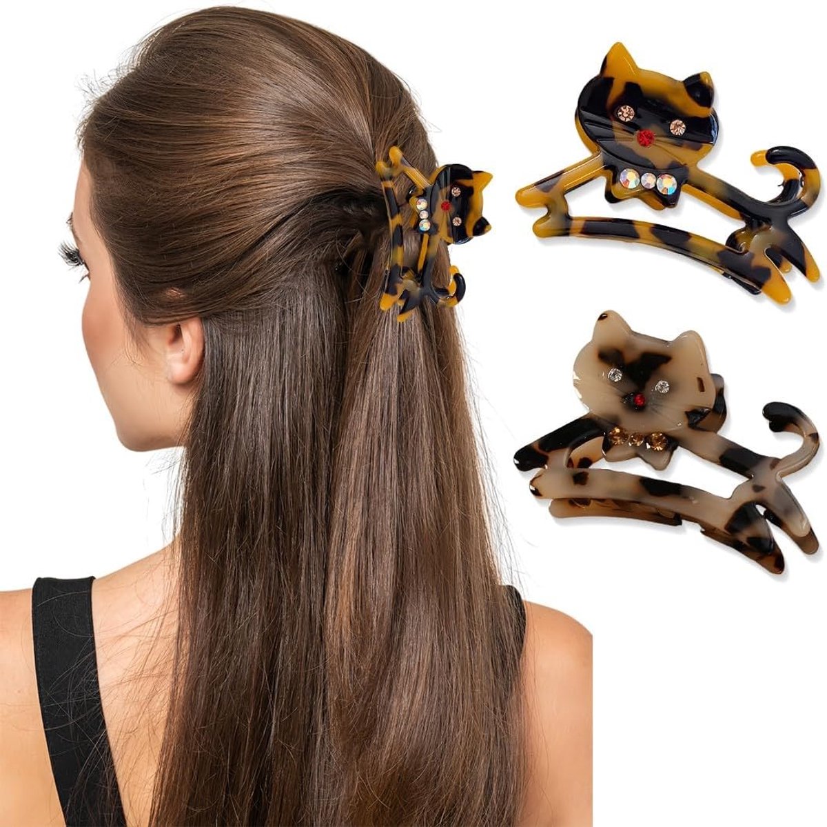 2 stuks kattenklemmen, haarspelden voor dames, haarspelden voor vrouwen en meisjes, dik en dun haar, lang krullend haar (luipaardprint)