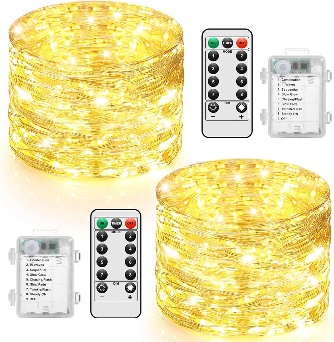 2 stuks lichtsnoer voor buiten, batterij, 10 m, 100 leds, kerstverlichting voor buiten, waterdicht met timer en afstandsbediening, led-lichtsnoer voor binnen en buiten, voor Kerstmis, tuin, bruiloft