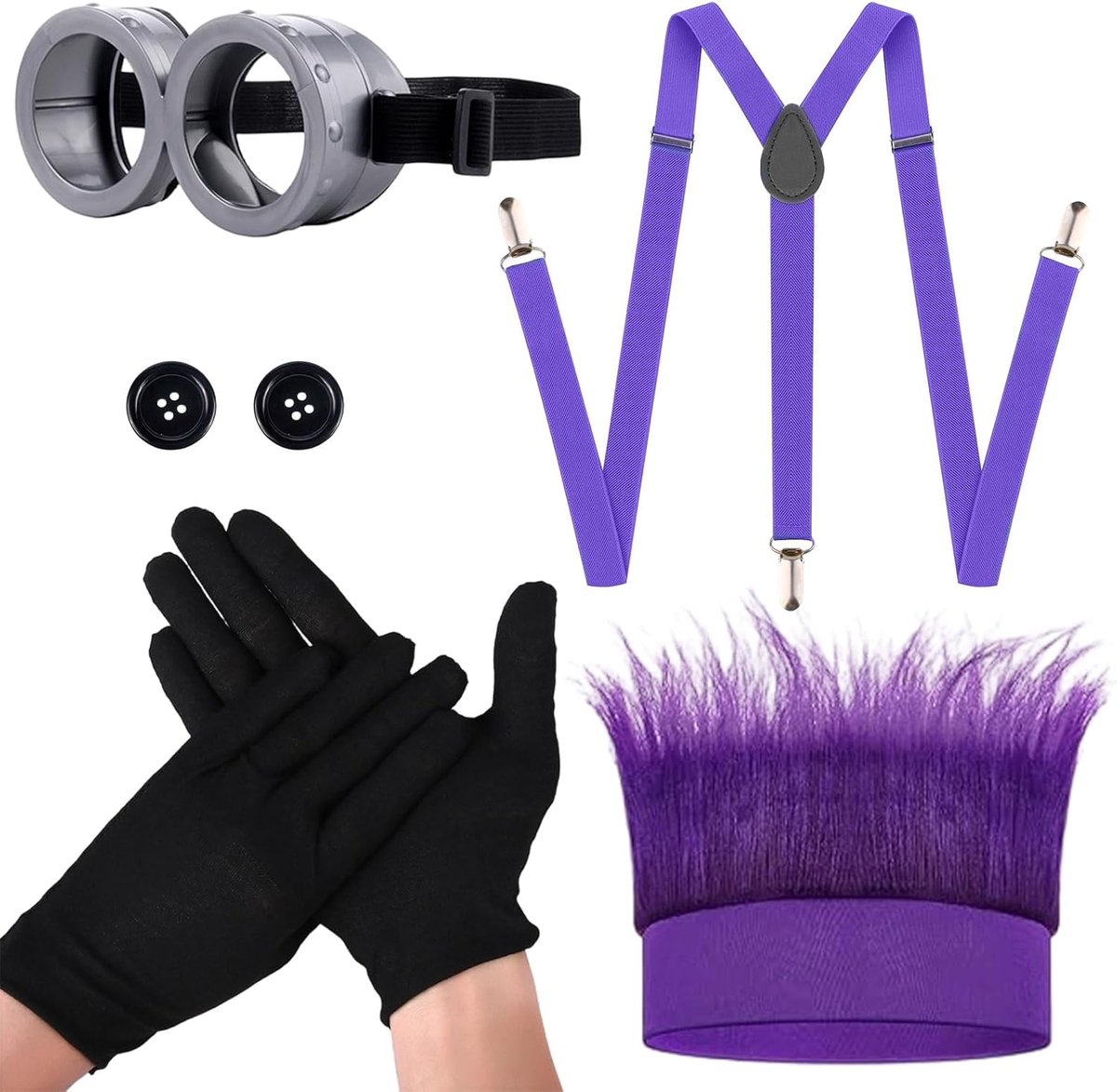 Kostuumset, 5 stuks World Book Day Carnaval Cosplay Outfit, pruikenkap, bril, bretels, handschoenen, knopen, voor Halloween Party Fun