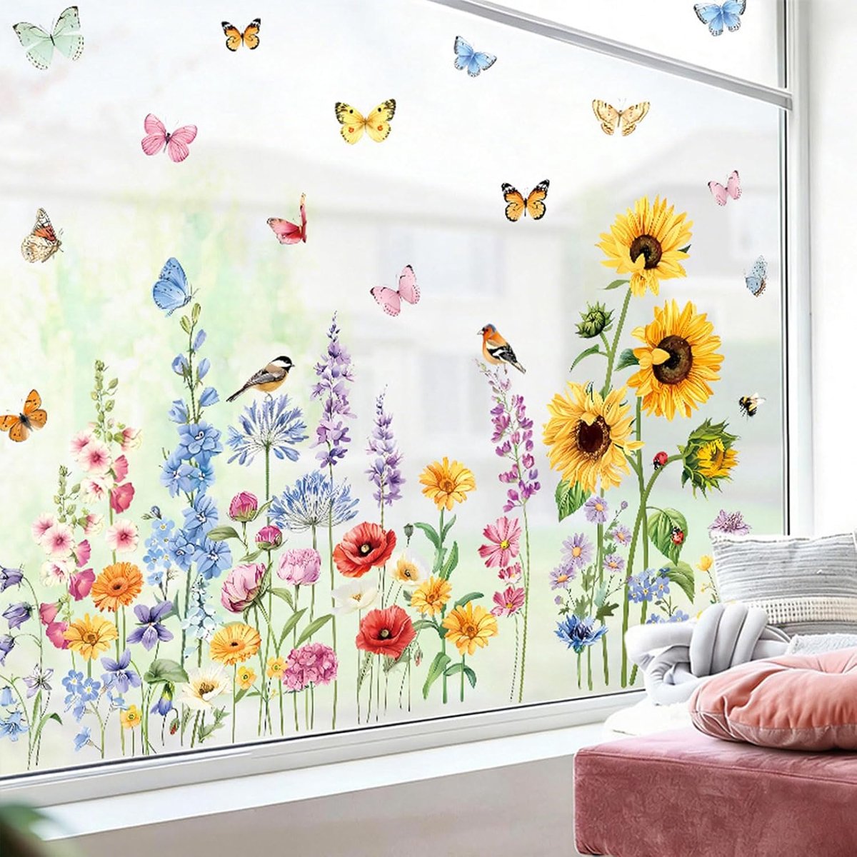 Raamstickers bloem raamstickers bloemen wilde kruiden zonnebloem vlinder plant vogel botsing vermijden esthetische raamdecoratie