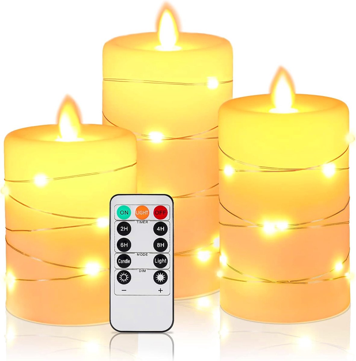 Led-kaarsen, led-kaarsen met ingebedde lichtketting, 3 stuks op batterijen werkende kaarsen met afstandsbediening, 24-uurs timerfunctie, dansende vlam, echte was