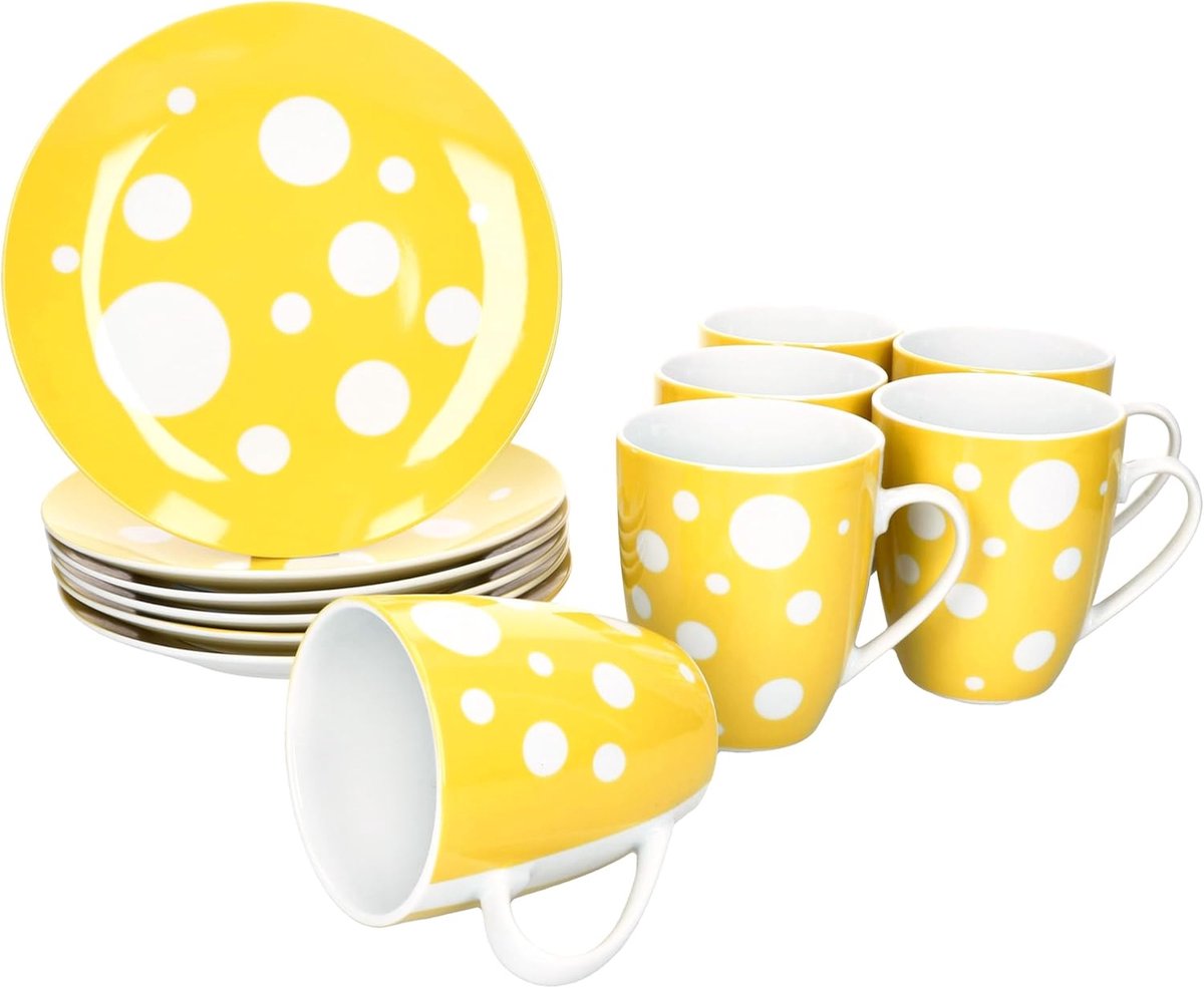 Pula geel 12-delige ontbijtset, 6 x gestippelde taartborden en koffiekopjes 300 ml van porselein, voor 6 personen, gele stippendecoratie, voor ontbijt en koffie