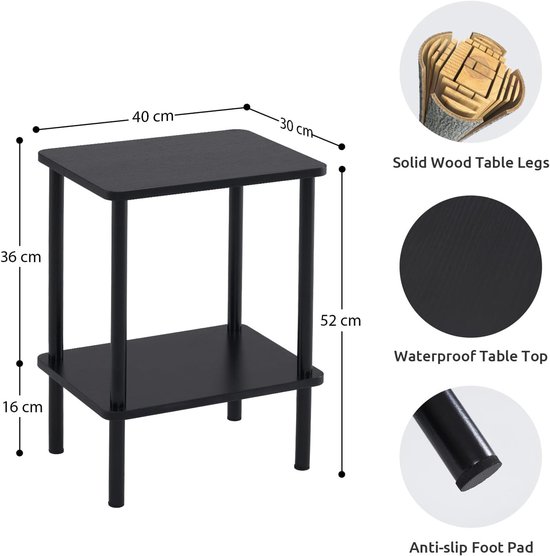 Tafel 2-laags smal nachtkastje opslag bijzettafel, zwart, 40 x 30 x 52 cm, geschikt voor woonkamer, slaapkamer, balkon — afbeelding 5