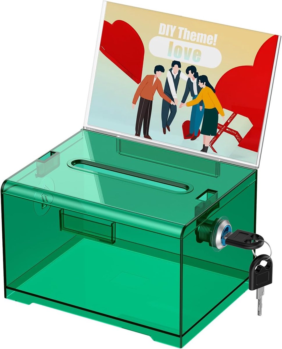 Acryl Donatie Doos met Slot en Teken Houder Transparante Groene Stembus met Slot Plastic Suggestie Dozen Tip Jar Cash Opslag Container Drop Borst voor Fondsenwerving Loterij, 6.2 "x 5" x 4"