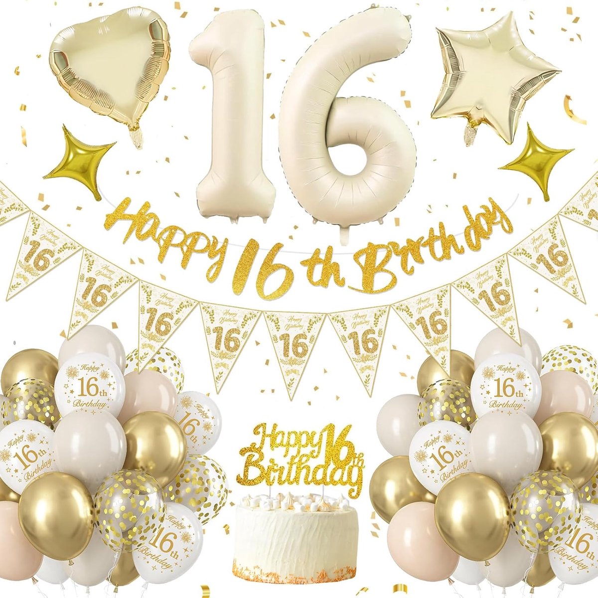 16e verjaardagsdecoraties, zand wit goud 16 verjaardagsdecoratie voor meisjes en jongens, Happy 16e verjaardag-banner, driehoeksvlag, 16e verjaardagsballonnen, folieballonnen, taarttopper, 16