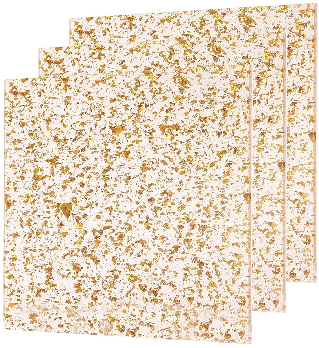 3 stuks acrylvellen met gouden glitter, dikte 1/8 inch, 20 x 20 cm, transparant, glanzend, PMMA-kunststof bladen, onbehandeld, acryl, voor lasersnijden en graveren, knutselen