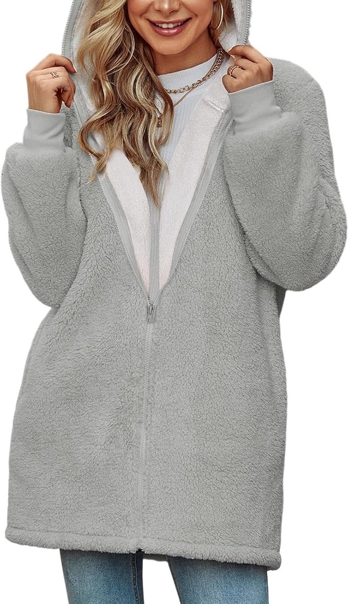 Damesjas met capuchon en ritssluiting, fleece, oversized, sweatjack, warm, casual, winter, hoodie, mantel, bovenstuk met zakken