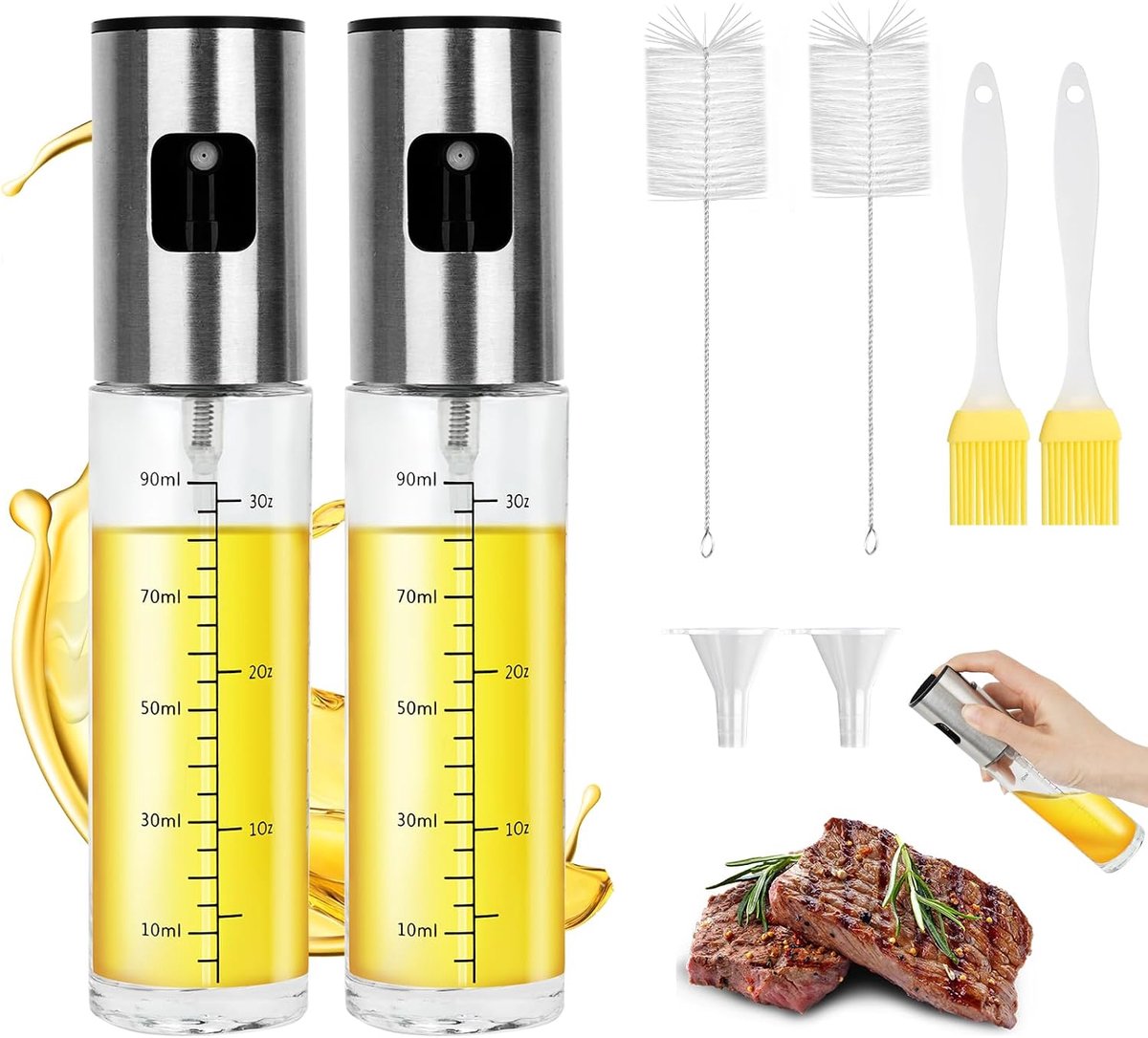 2 Stuks Glazen Oliesproeiers, 100 ml, Oliespray voor Heteluchtfriteuse, Spuitfles voor Spijsolie, Olijfoliesproeier met 2 Trechters, 2 x Olieborstels, 2 x Reinigingsborstels voor Koken