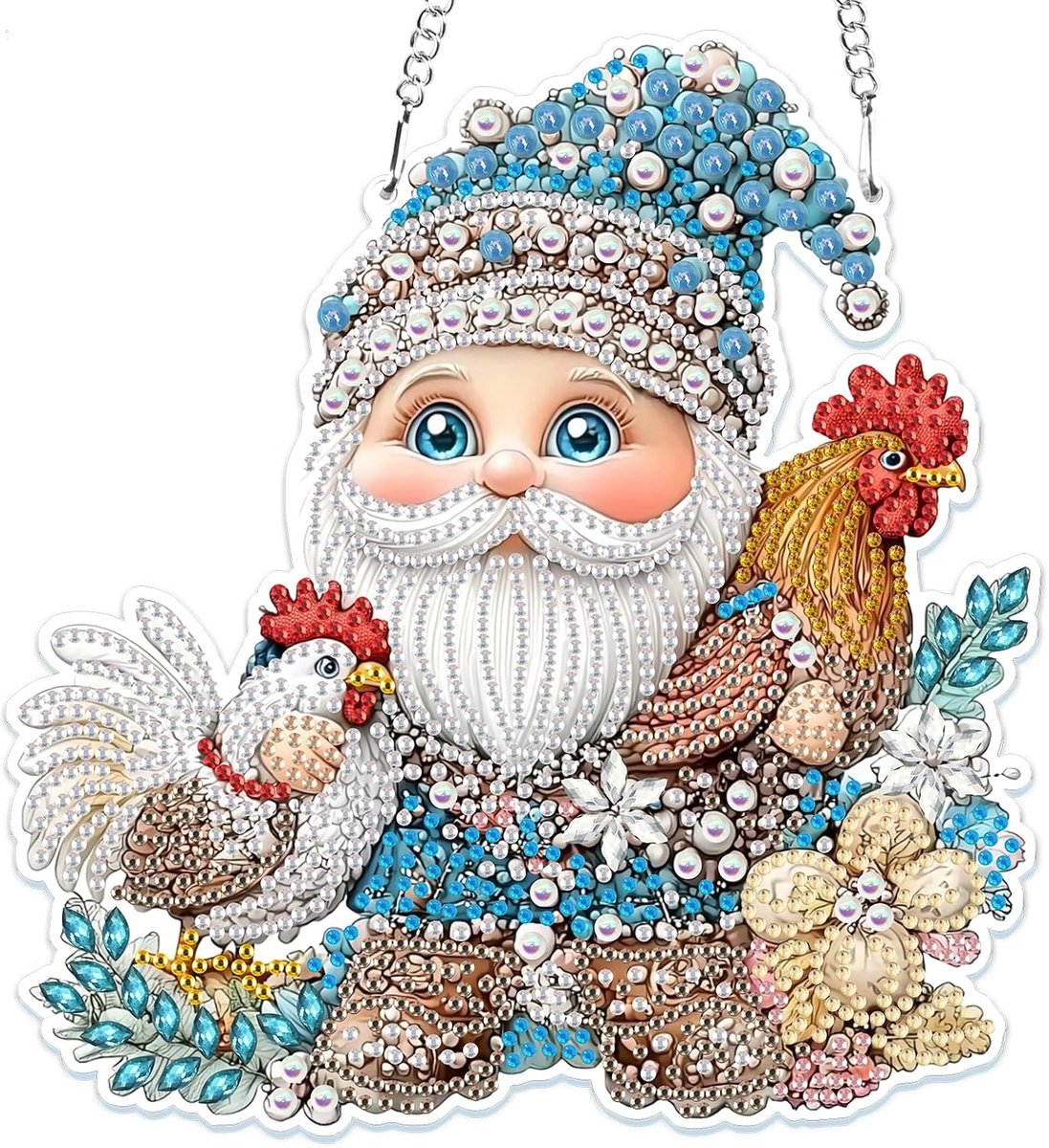 5D Diamond Painting hanger, dwerg en kip, diamond painting met ketting, voor kinderen en volwassenen, dieren, diamant schilderij, raamafbeeldingen, hangende ornamentenset voor muur en entree
