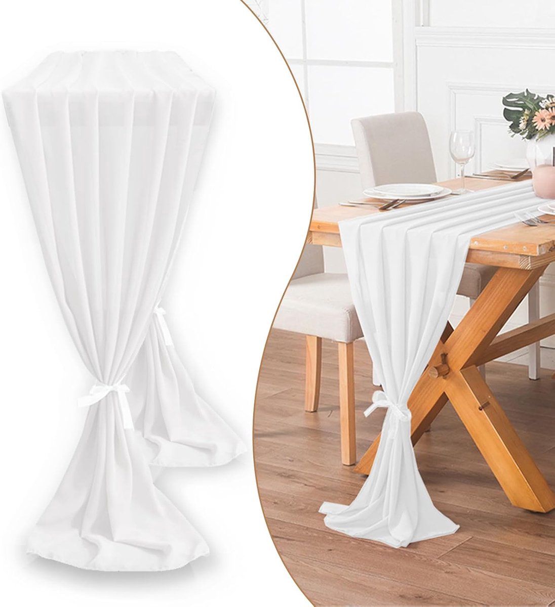 Tafelloper, romantisch tafeldecor 71 x 300 cm chiffon stof, elegante decoratie voor verjaardag, feest, bruiloft, banketten en kerstevenementen (wit)