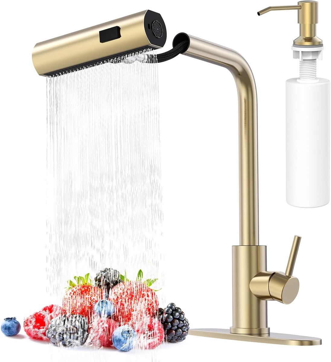Keukenkraan met pull-down sproeier, geborsteld goud waterval touch enkel gat handvat roestvrij staal aanrecht kranen, Commerciële moderne kranen voor gootstenen met pull-down sproeier