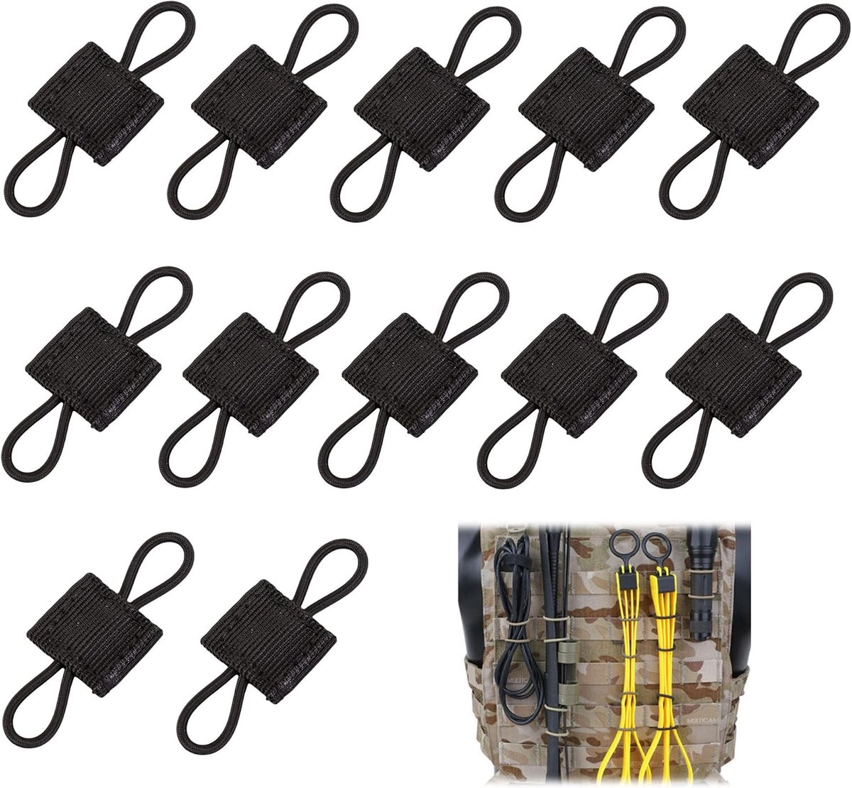 12 stuks tactisch vest riem, Molle elastische bevestiging gesp touwriem, accessoires systeem, vest, tactische rugzak, voor flessen en soortgelijke voorwerpen, zwart
