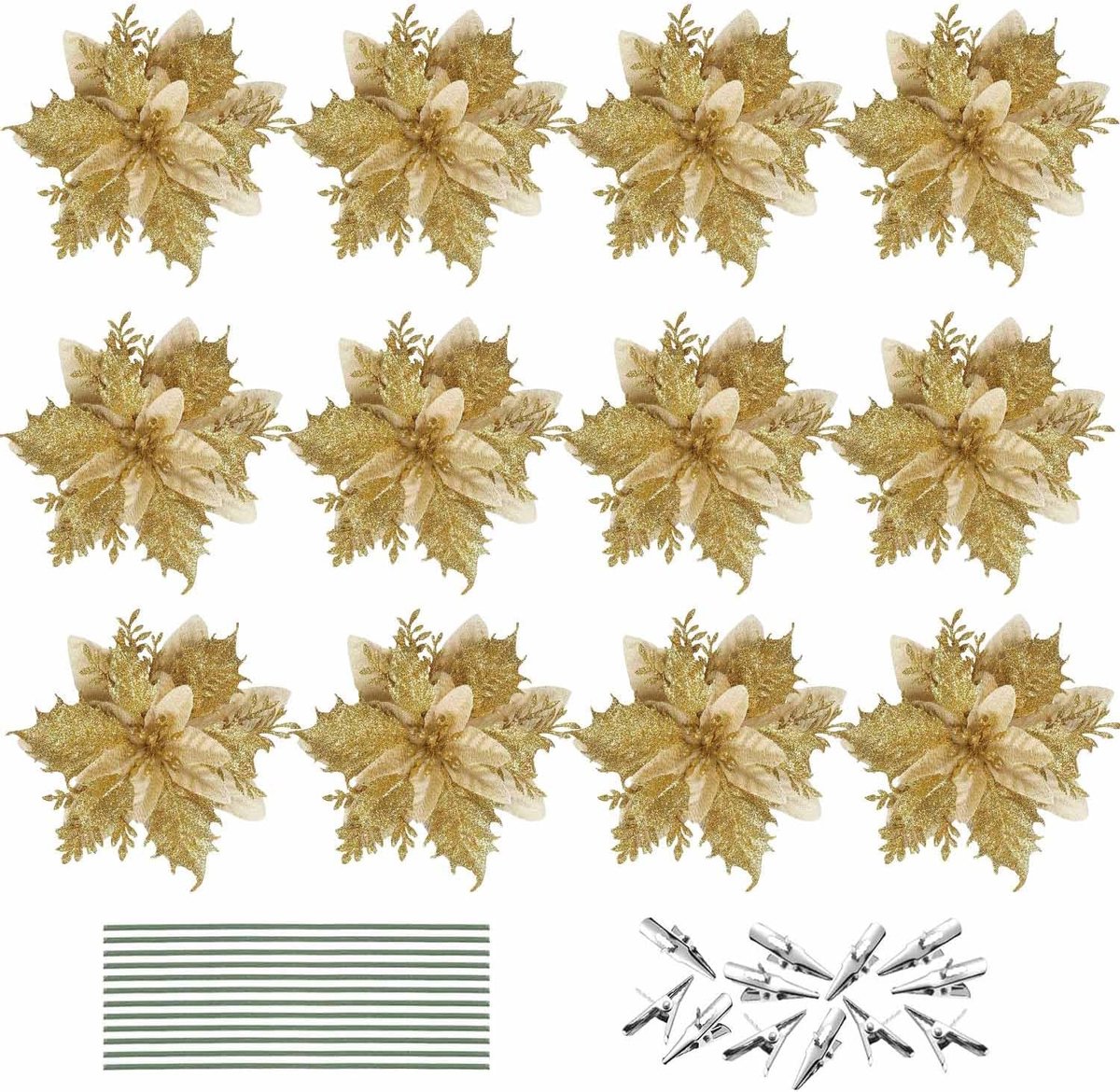 12 stuks kerstbloemen, glitter, kunstkerstbloemen, sprankelende kerstster, bloemen met voorbouw en clips voor Kerstmis, bruiloft, tuin, feestdecoratie, 14 x 14 cm (goud)