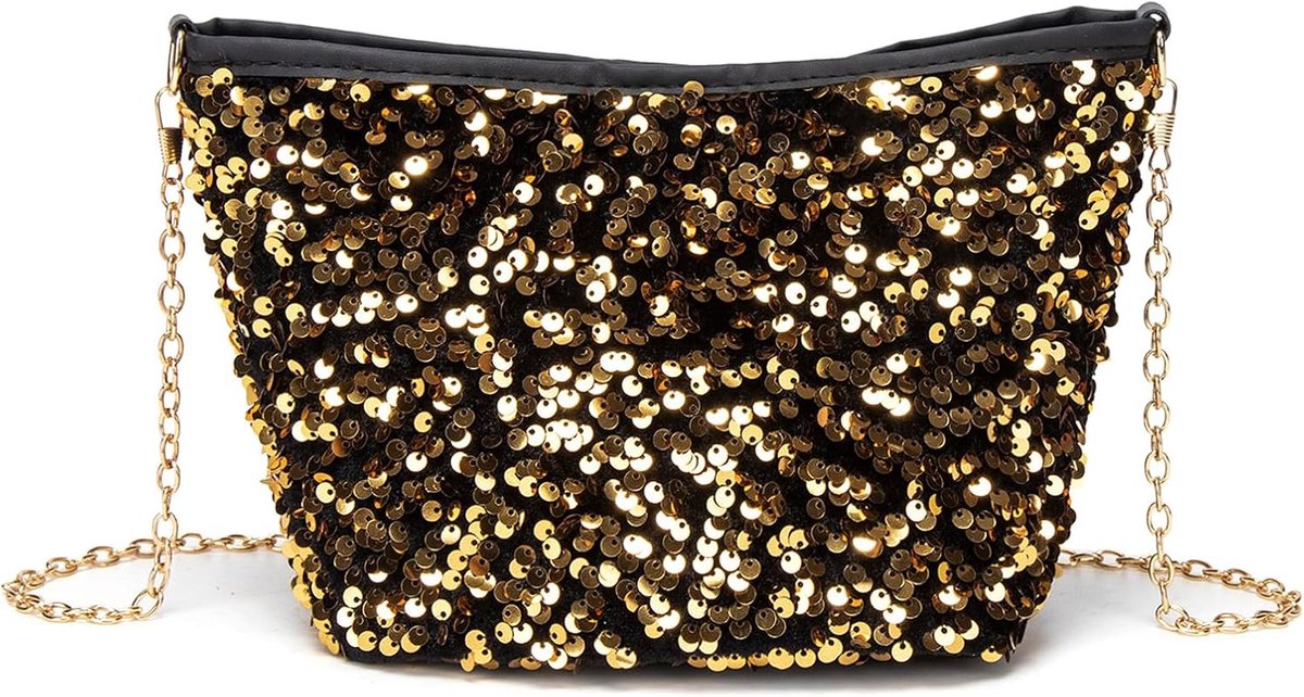Zwart en gouden pailletten, glittertas, schoudertas voor dames, elegante crossbody tas met ketting, schouderriem voor bruiloft, gala, party, vrije tijd, date, banket, eindexamenbal