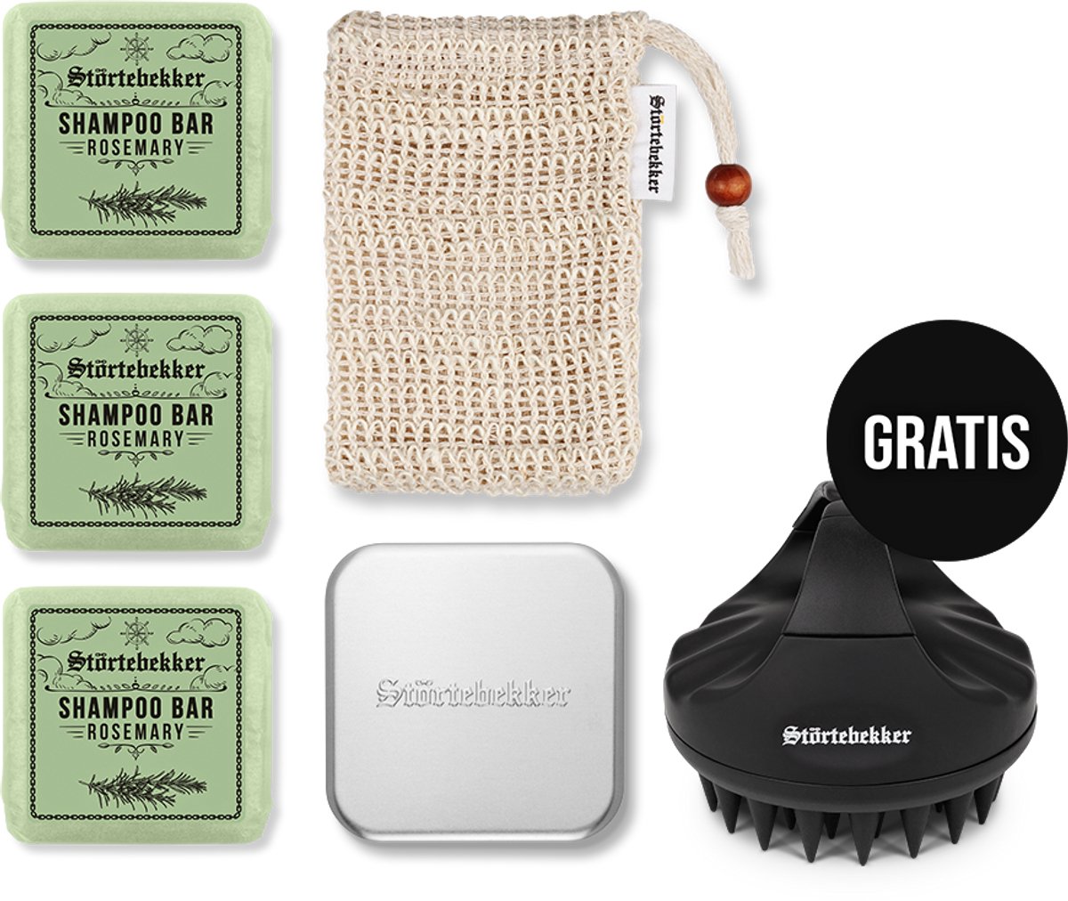 Störtebekker® Premium Douche Set Hair Rozemarijn - Shower Set Heren met kruidige rozemarijngeur - 3x Vaste Shampoo (100g), Sisal Washandje, Zeepdoos & GRATIS Siliconen Hoofdhuidborstel - Vegan - Handgemaakt in Nederland