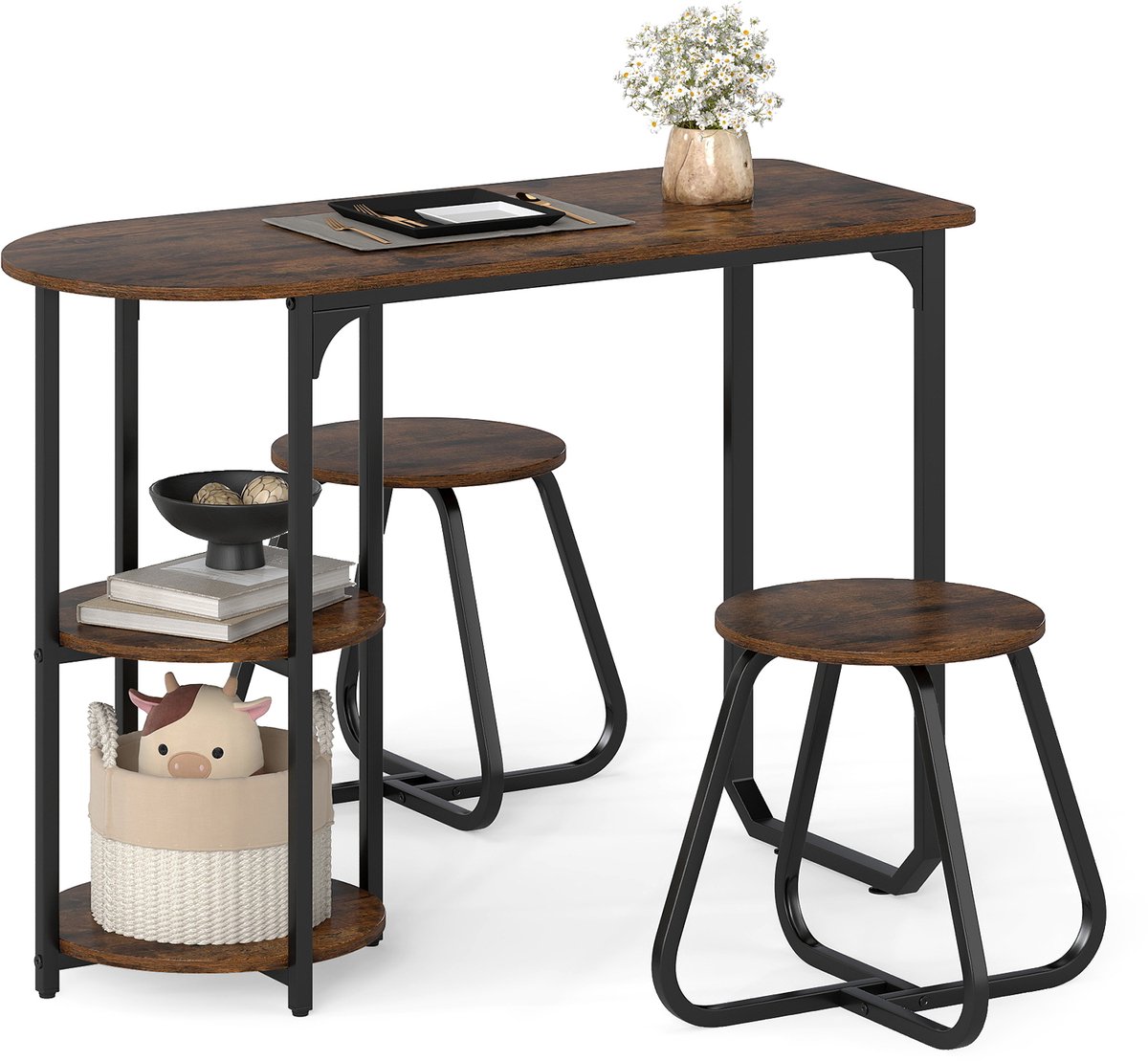 COSTWAY Eetgroep met 2 stoelen, eettafel met 2 planken, keukentafel, eetkamergroep, zitgroep voor kleine ruimtes, eetkamer, keuken (rustiek bruin)