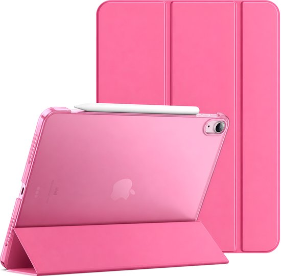 Roze tablethoes in transparant en opgevouwen stand, met een potlood op de achterkant.