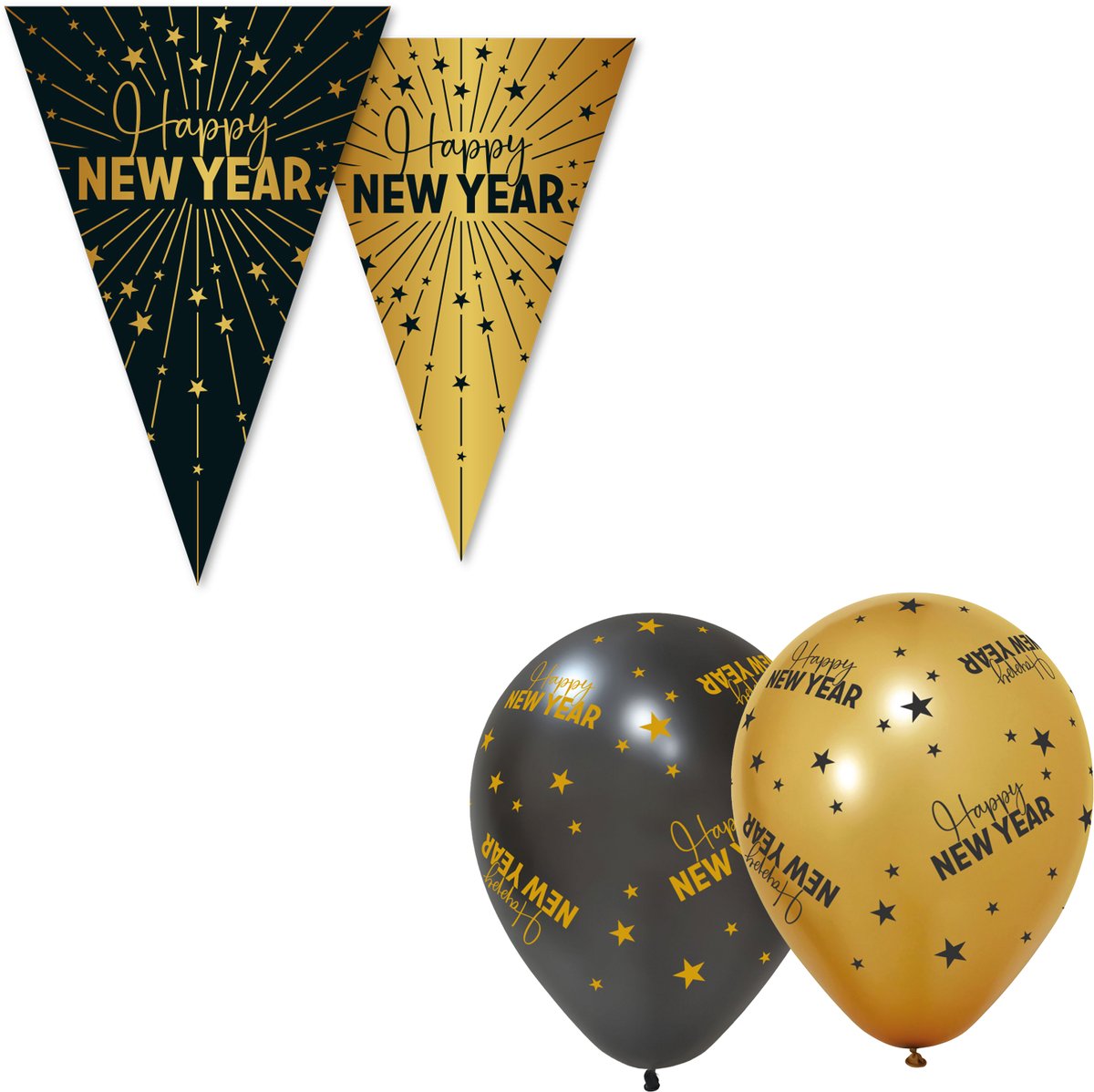 Black & Golden Celebrations Feestpakket XL - ' Happy new year! ' - Versiering Set met 3x Vlaggenlijn en 6x Ballonnen - Zwart & Goud