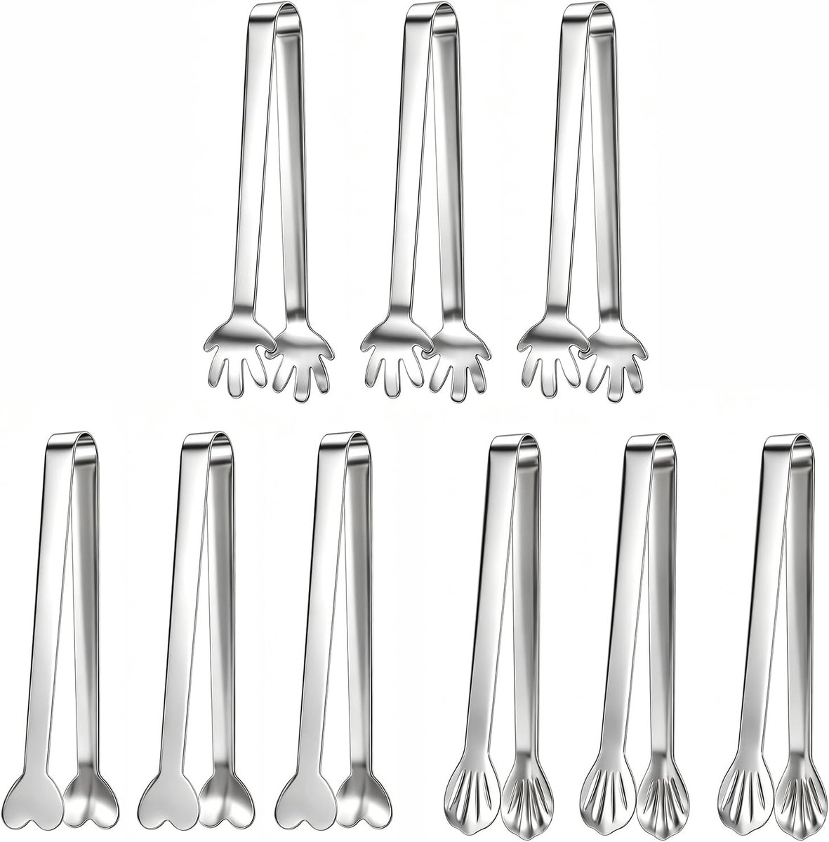 9 mini-serviesset, 12,5 cm, van roestvrij staal en drie stijlen, keukentang, keukentang, roestvrij staal, voedseltang, keukentang, voor buffet, suiker en aperitief