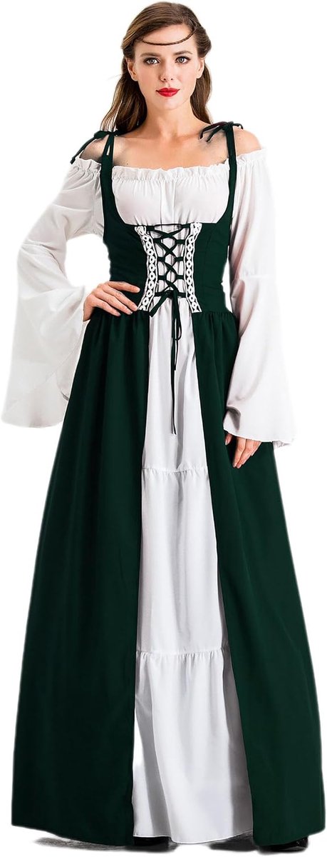 Jurk voor dames, middeleeuwse jurk met trompetmouwen, middeleeuws, Victoriaans koninginnenkostuum, maxi-jurk