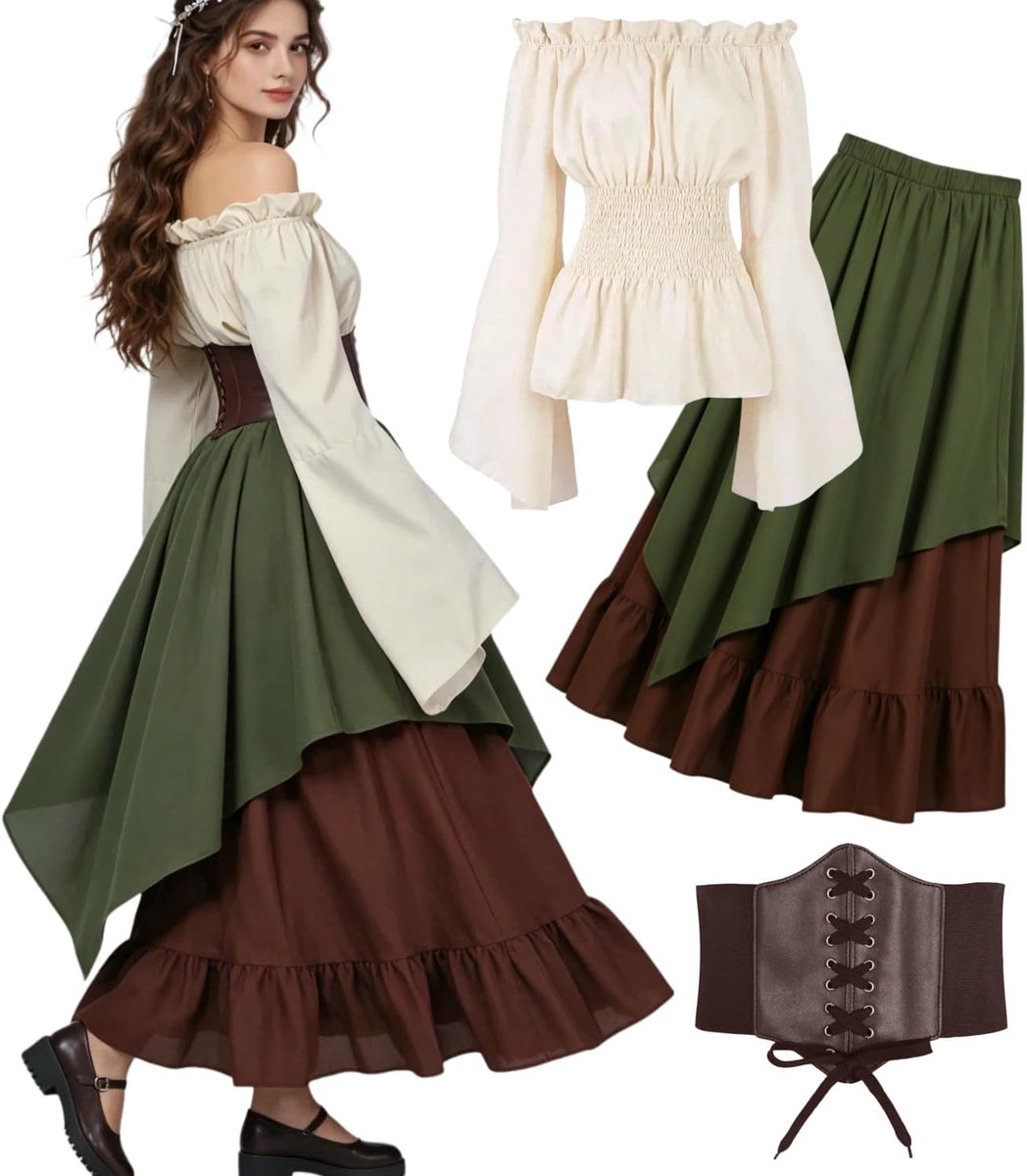 Kleding voor dames, set van 5 stuks, retro off-shoulder blouse, jurk, renaissance kostuum, Victoriaanse kleding, maxi-jurk met korset, riemtas, riem, carnavalskostuum