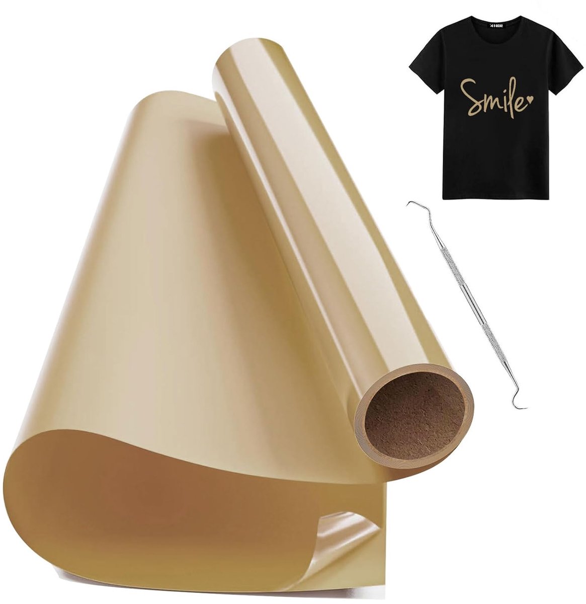 On Vinyl Beige, 30.5cm x 150cm Opstrijkbare Vinylrol Voor Stoffen met Wiedgereedschap, Heat Transfer Vinyl, Flex Folie Beige Voor T-Shirt DIY