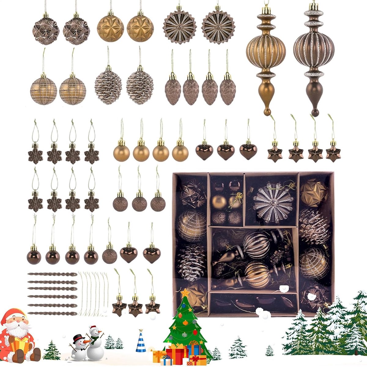Kerstballen Set 53 Stuks Koper Bruin Brons | Feestelijke Ballen Set Voor Kerstboom Versieringen voor Huisdecoratie Feest Binnen Buiten Oogst Wintervakantie Muur Deur