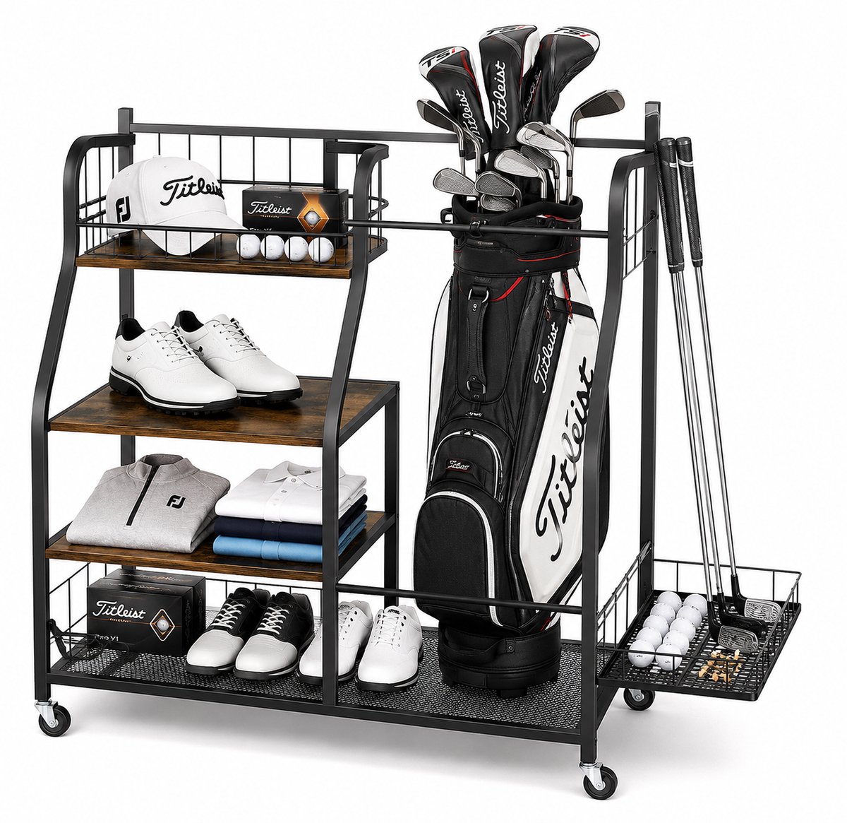 CINK & Co Golftassenrek met 3 Niveaus - Verrijdbaar - Met 2 Elastische Banden - Zwart - 95 x 40 x 92 cm