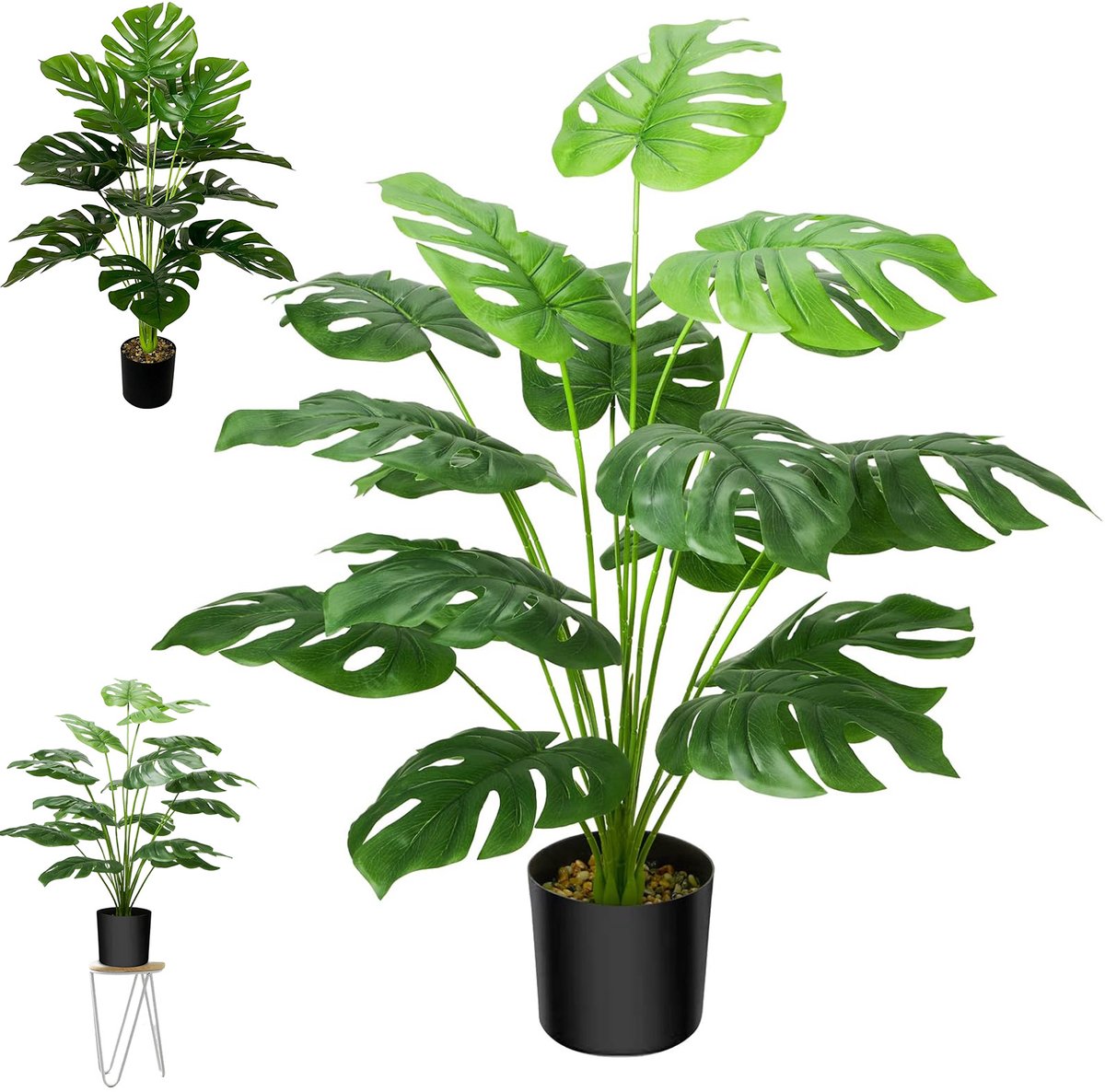 Wishdor Kunstplant Gatenplant - Monstera Deliciosa - 70 cm met 18 Bladeren - Levensechte Faux Plant incl. Pot - Woonkamer Decoratie
