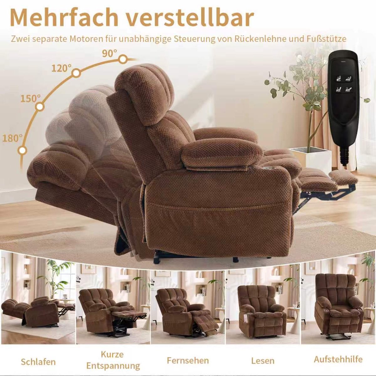 MODENUIT Relaxfauteuil 91 cm - 2 Motoren Met Sta-opfunctie En Massage - Voor Woonkamer - Flanel - Bruin – foto 3