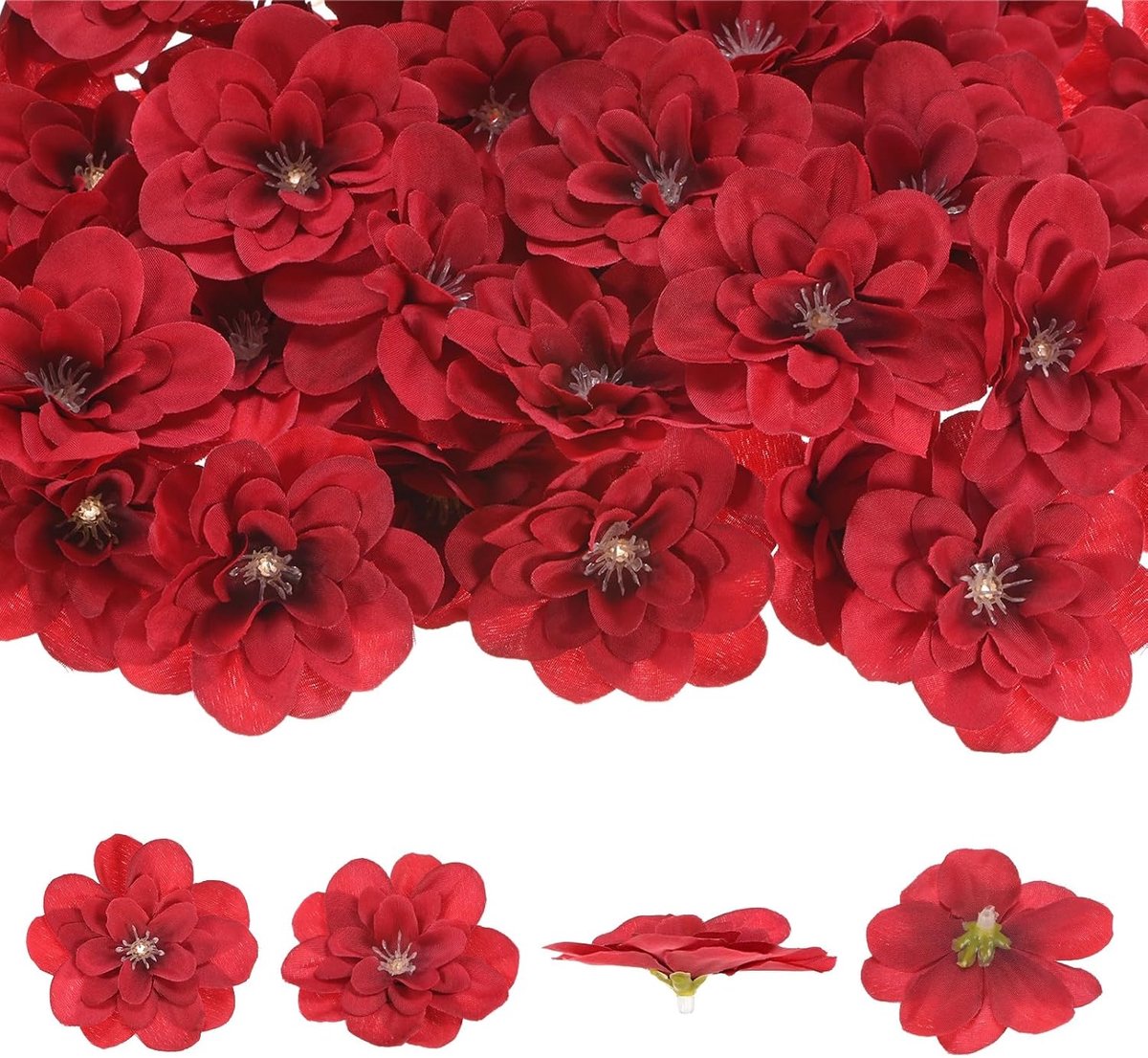 Kunstmatige bloemhoofden (6,5 cm, rood) 100 stuks - Delphinium Zijde Nepbloemen & Faux Bloemen Bulk, Toepassen op DIY Crafts/Bruiloft/Feest/Decor/Thuis