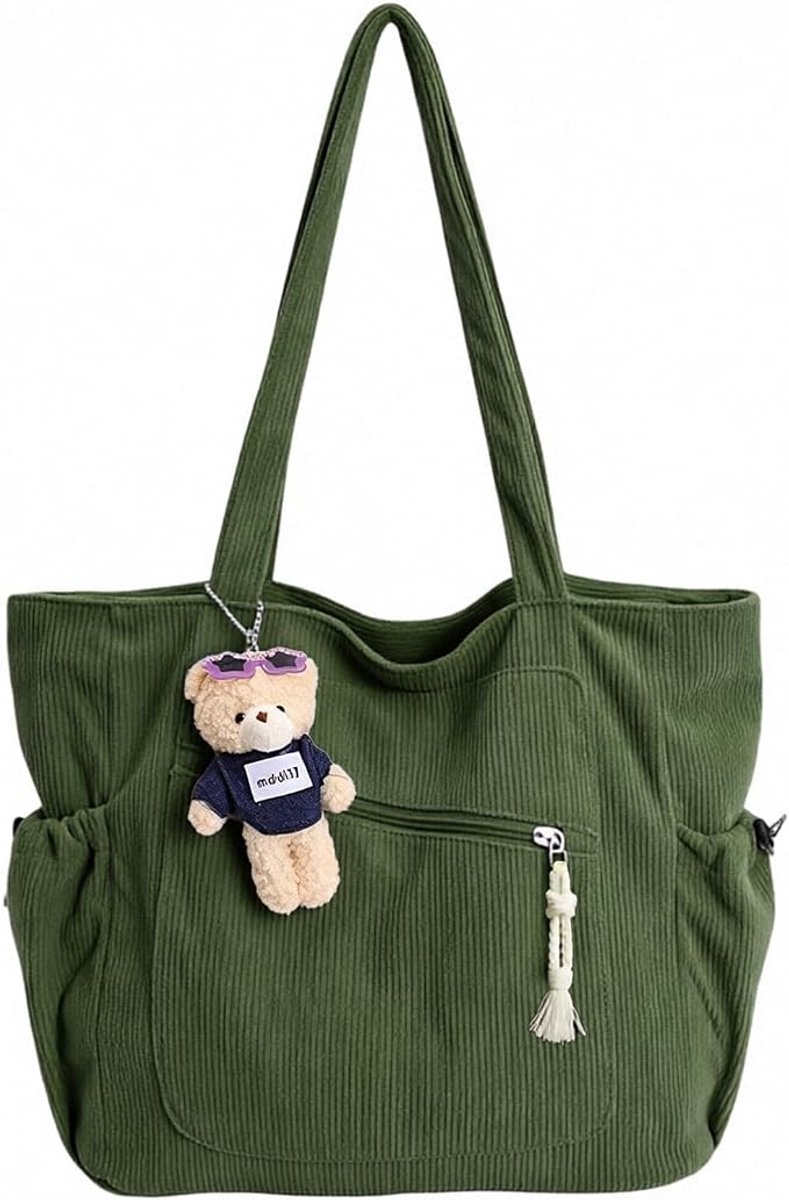 VHV - Schoudertas Dames - Ruime Corduroy Shopper met Rits en Zijvakken - Met Berenhanger - Voor Werk, Reizen, Strand en Winkelen - Groen