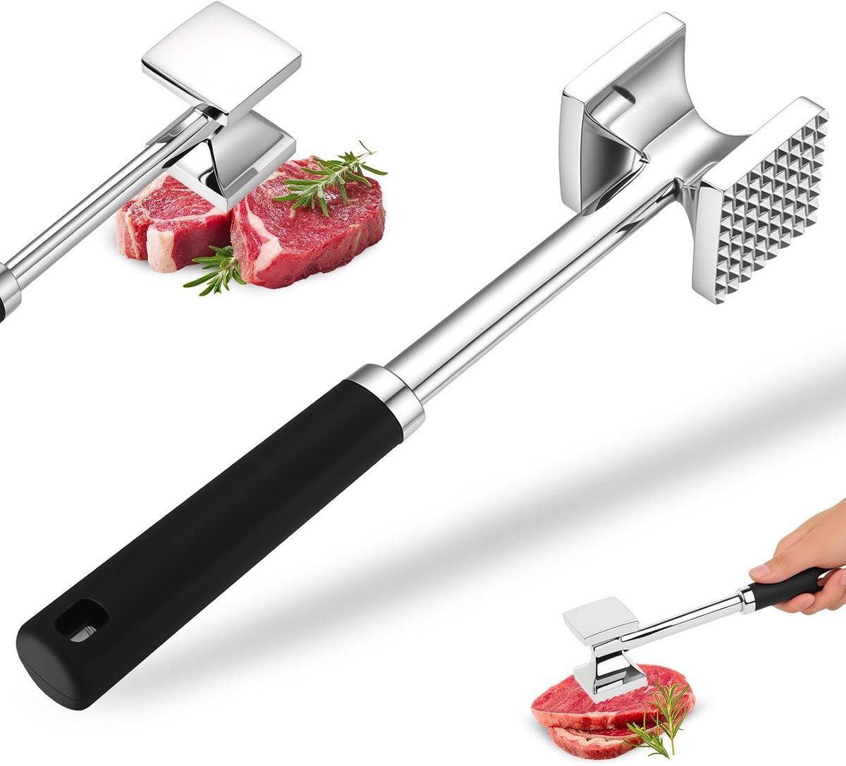 Vleesmalsmaker, roestvrij stalen vleeshamer, dubbelzijdige keukenhamer met antislipgreep voor het mals maken van steaks, rundvlees, kipkotelet, keuken, koken, barbecue-accessoires