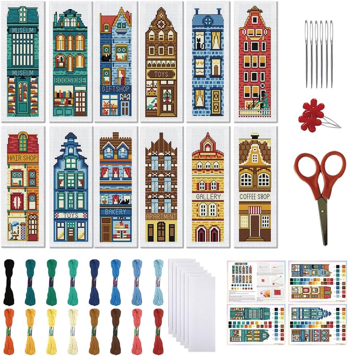 12 Set Kruissteek Bladwijzer Kit 11 CT Gestempeld Kruissteek Kit DIY Borduurwerk Bladwijzer Kits voor Volwassen Beginners met Instructies 6 x 20 cm/8" x 2,4", Huizen Patroon