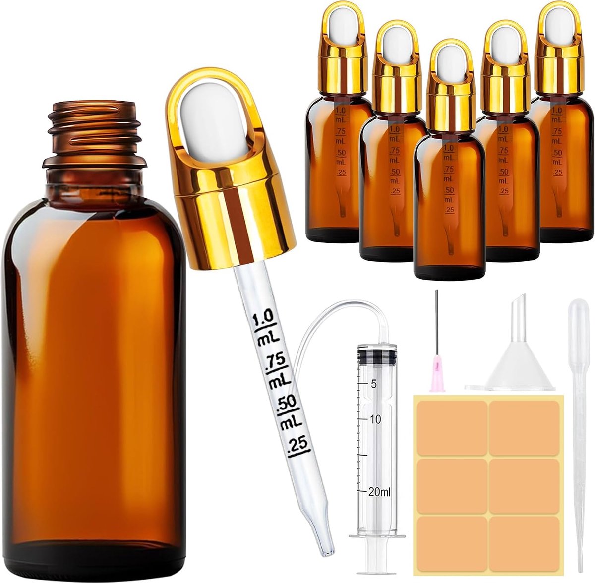 5PCS 30ml Glazen Pipetflesjes, Amber Glazen Druppelfles, Pipet Druppelfles, Bruine glaze Flesjes met Pipettrechters Spuit Etiketten voor Etherische Olie Massage Aromatherapie Oogdruppels