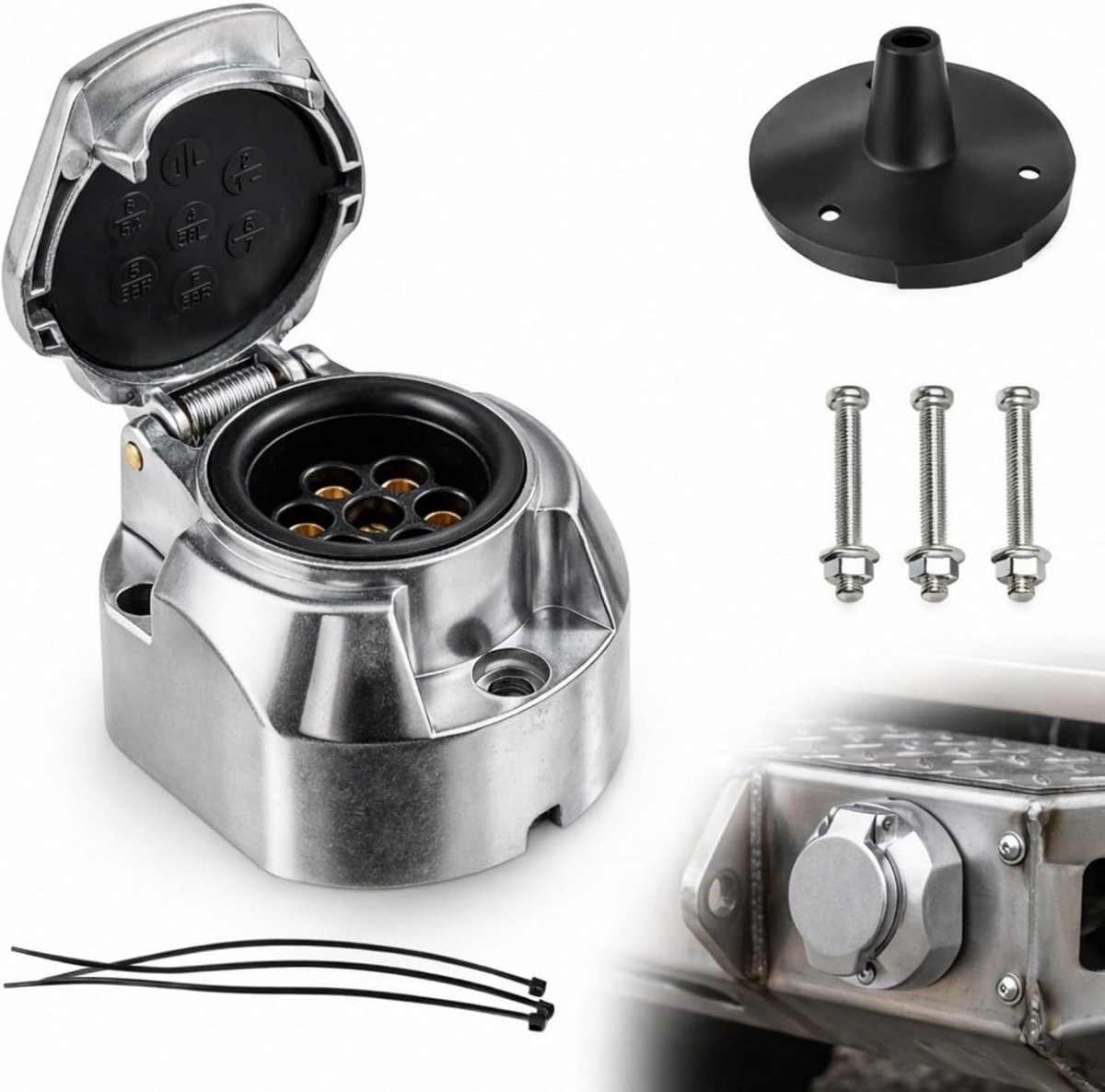 7-polige metalen aanhangerstopcontact, 12 V aanhangerstopcontact met sluitring en afdekking van aluminiumlegering, 7-polige aanhangerstopcontact, geschikt voor campers, motorjachten.