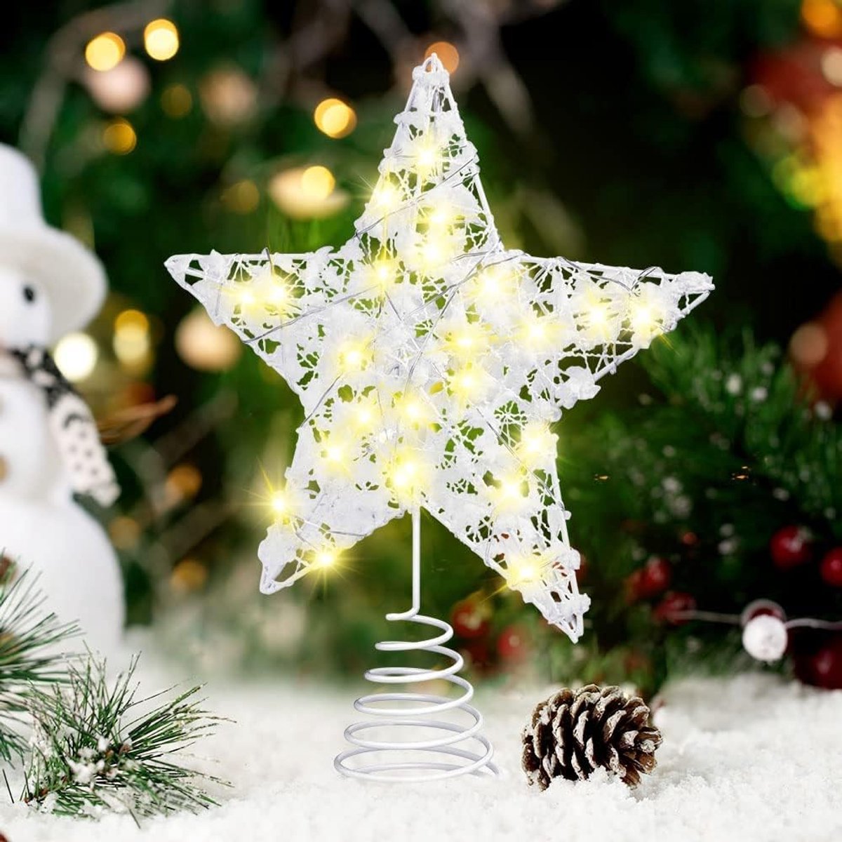 LED-sterboomtop met witte sneeuwvlok, verlichte pentagram sneeuwboomtop met 20 minilampjes voor kerstboomversieringen (23 * 18 cm) (klein formaat)