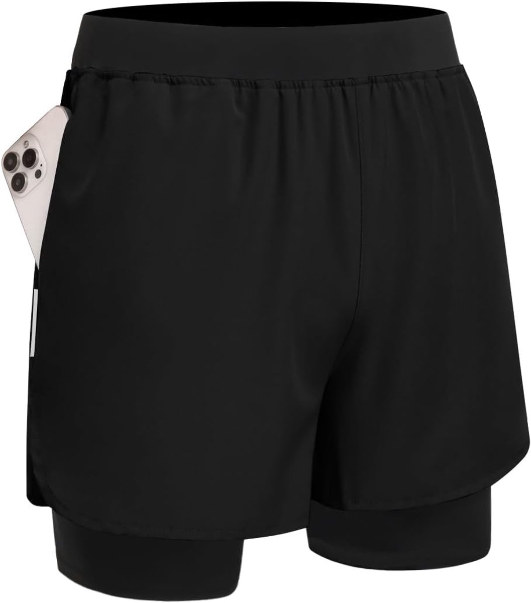 Shorts voor heren, sneldrogend, korte broek, loopshorts, 2-in-1 shorts, hardloopbroek, sportbroek, fitness, fietsen, trainingsshorts met ritssluiting
