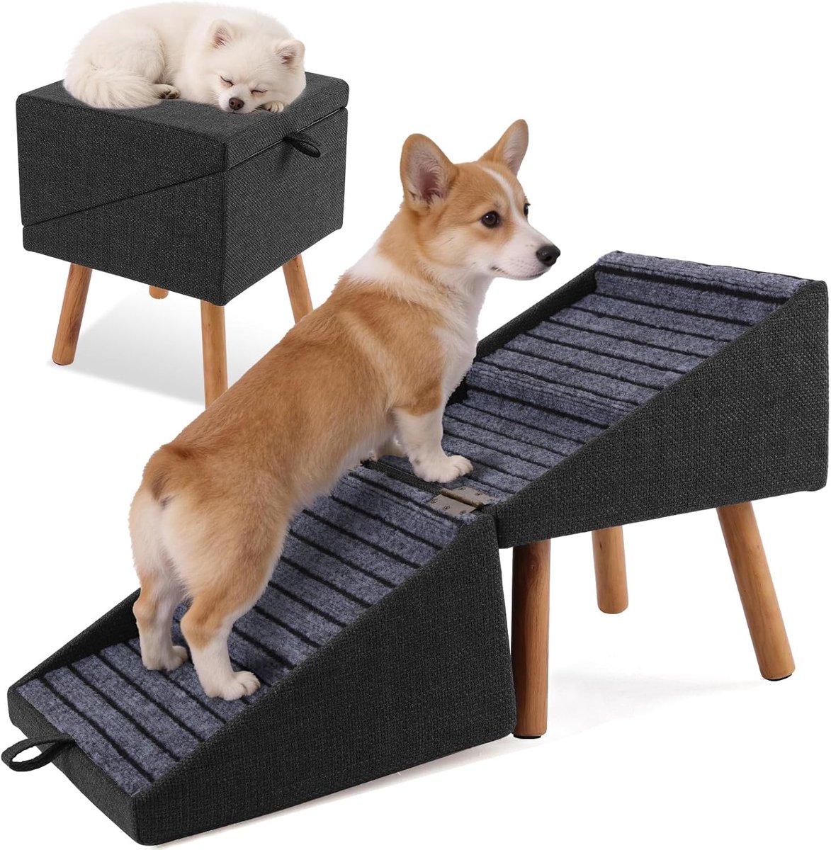Hondentrap voor kleine honden, 2-in-1 trap en voetenbank, inklapbare hondentrap voor de bank, antislip houten trap voor puppy's, oudere en gewonde honden (zwart)