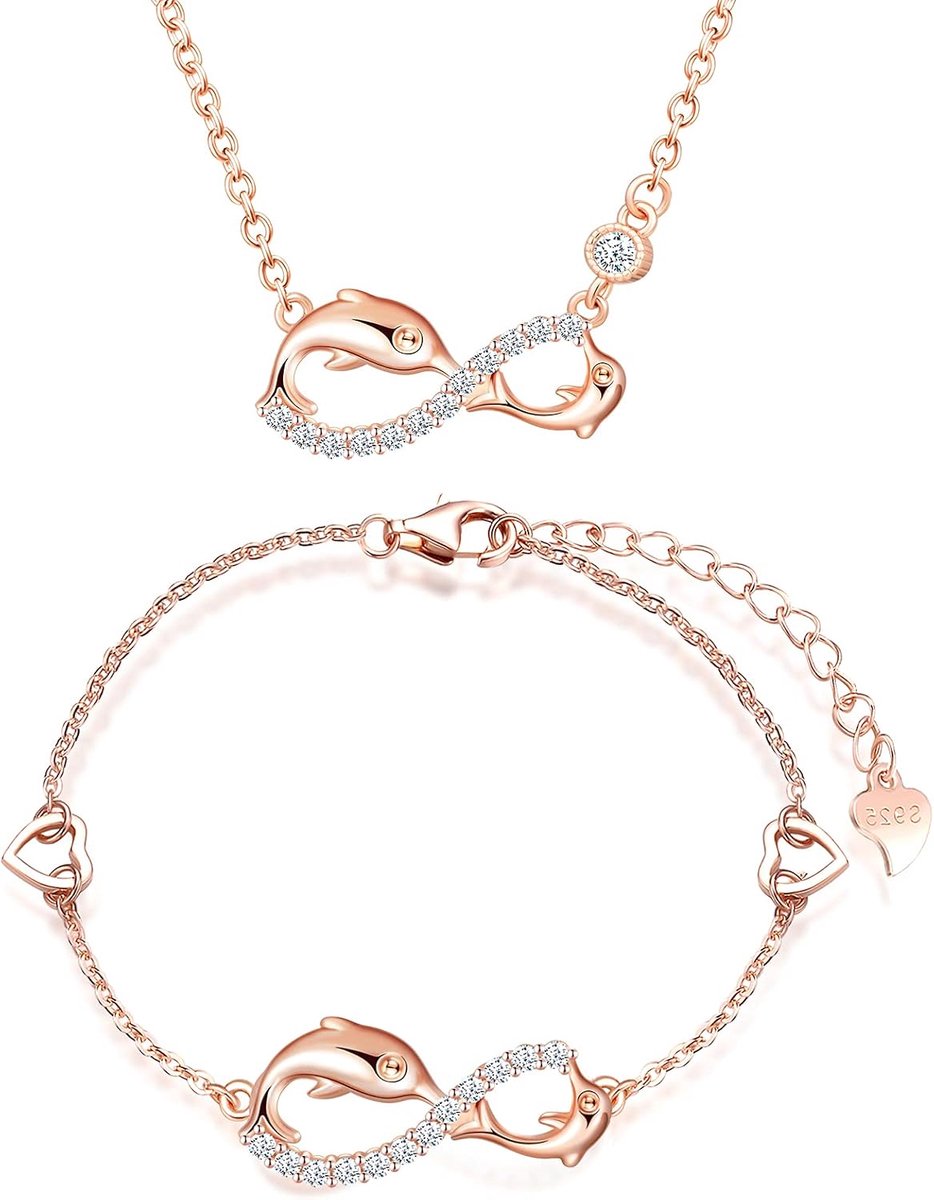 Sieradensets, dames meisjes halsketting hanger armband oorring, 925 zilver halsketting armband oorring, mooie dolfijnen-oneindigheidssymbool sieradensets, ingelegde zirkonia, roségoud, Sterling zilver, Zirkonia