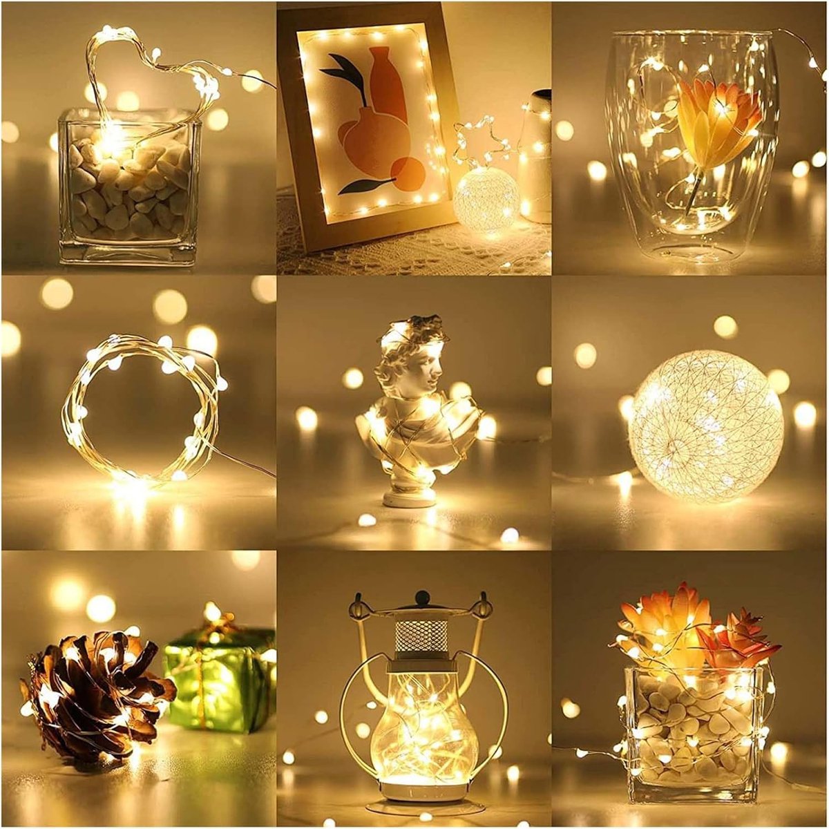 Lichtsnoer met timer, 12 stuks, 2 m, 20 leds, batterij, koperdraad, mini-lichtketting, werkt op batterijen, voor kerst- en bruiloftsfeesten, binnendecoratie, warm wit