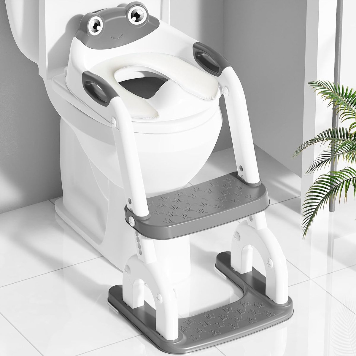 Toiletbril voor kinderen met trap, 8-voudig in hoogte verstelbaar en extra brede treeplank, antislip toilettrainer met zachte zitting en spatbescherming, opvouwbare kinderwc-bril, kikkerdesign