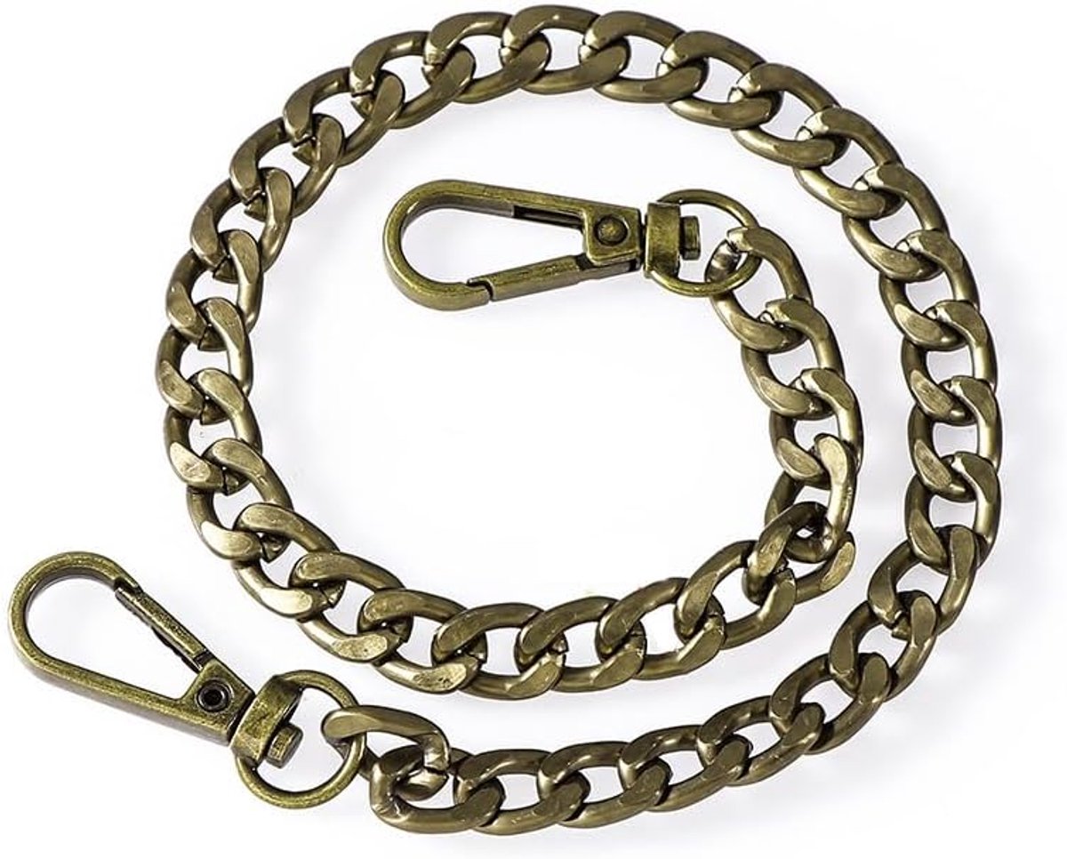 Metalen zakketting, 40 cm, korte metalen ketting, platte kettingriem, draagriem voor handtassen, schouderriemen, ketting, platte kettingen, geschikt voor schoudertas, handtasketting, brons
