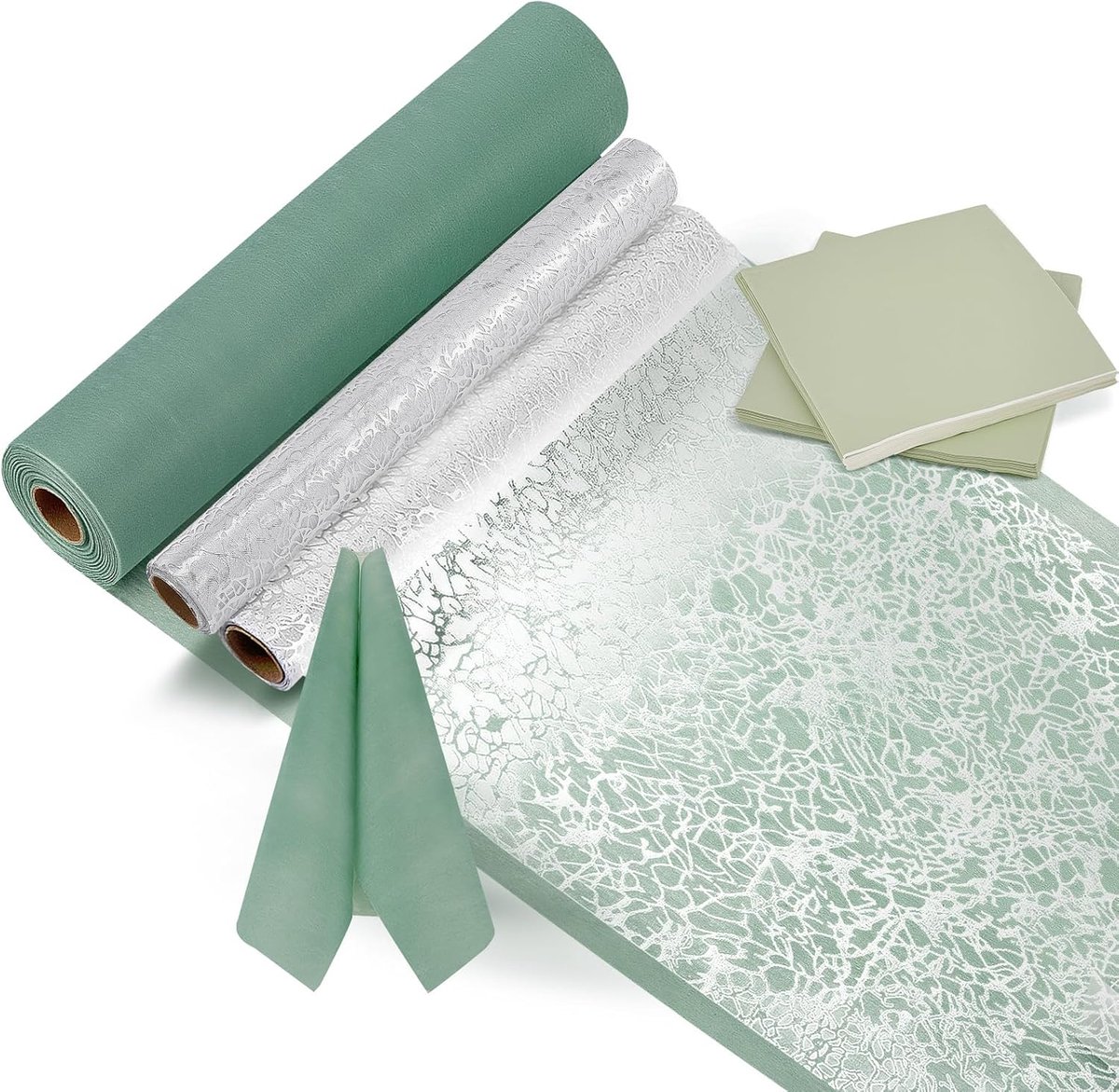 Tafeldecoratieset, saliegroen en zilver, tafelloper en servetten voor doopfeesten, communies, vormsels, bruiloften en verjaardagsfeesten, voor 20-40 personen