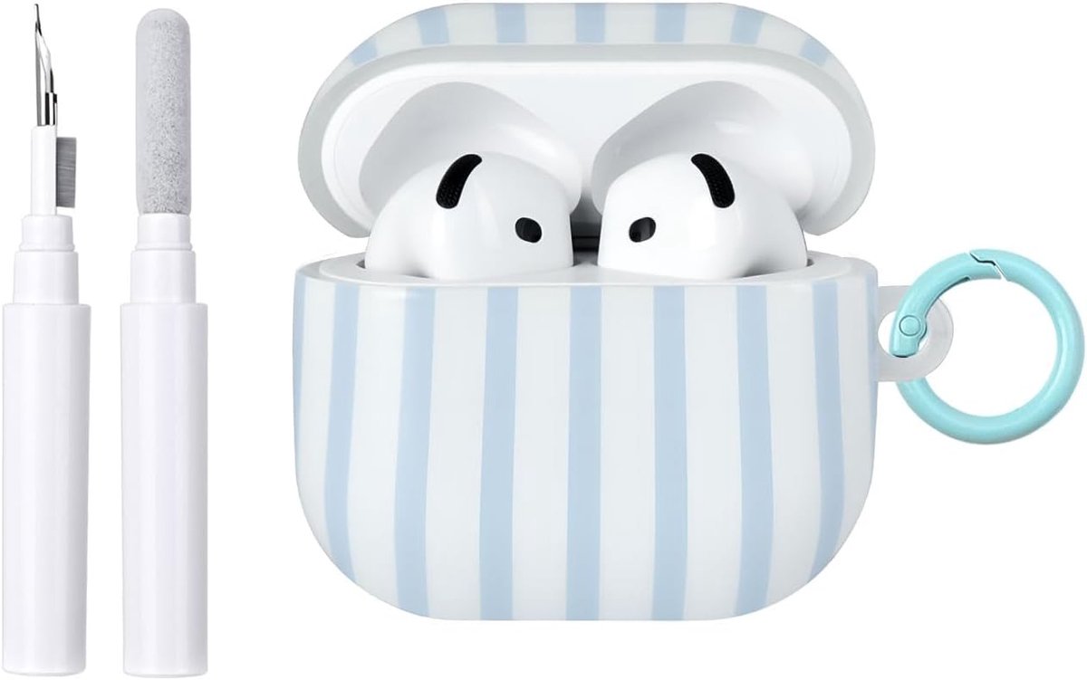 Compatibel met AirPods 4 hoes met reinigingsset, schattig gestreept patroon, esthetisch design, stootvaste en krasbestendige TPU-beschermhoes met sleutelhanger, voor vrouwen en meisjes, blauw