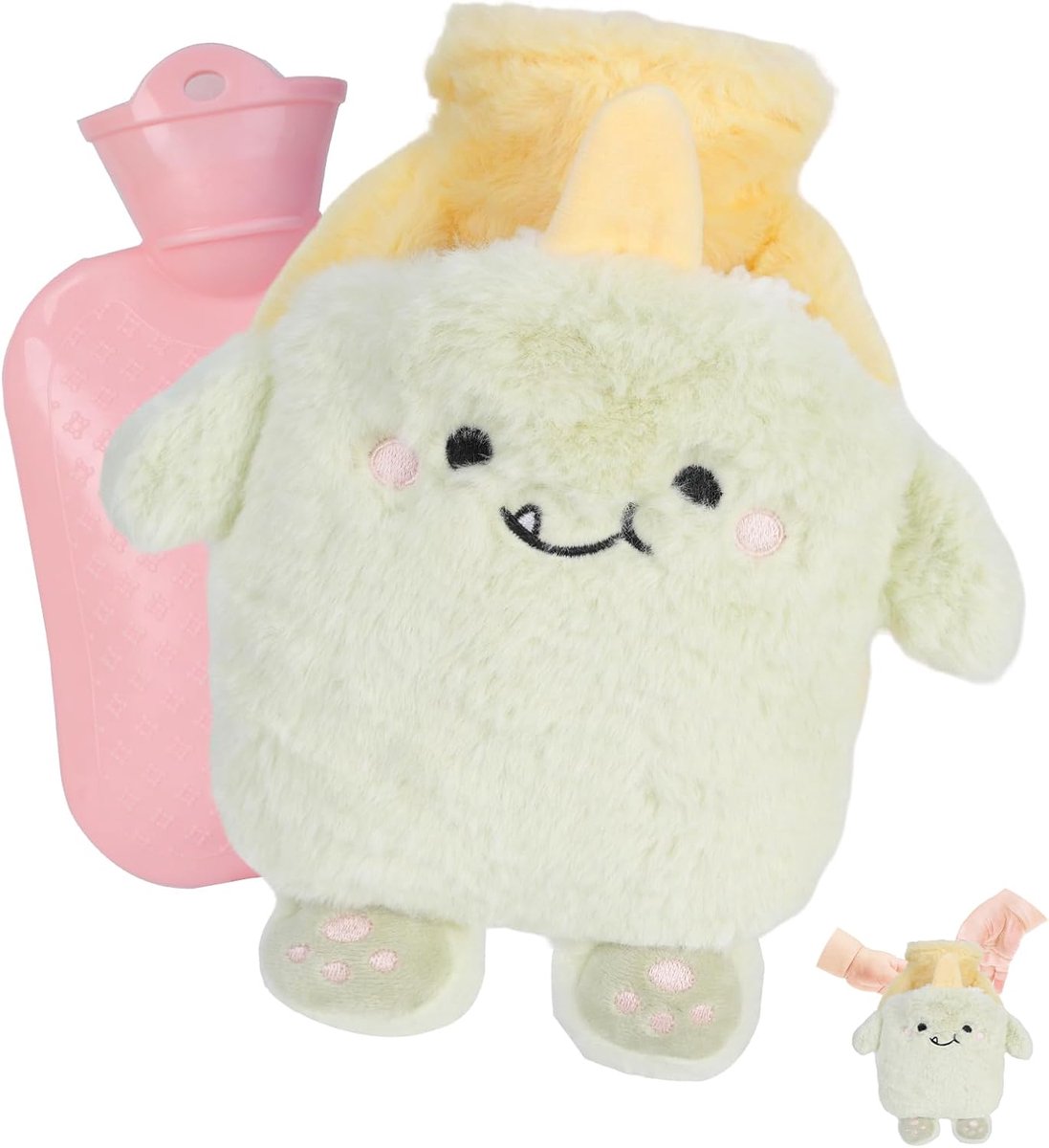Warmwaterkruik, 400 ml warmwaterzak met pluche hoes, warmwaterkruik, behaaglijk pluizig zacht pluche, schattig patroon, warmwaterzak voor nek, schouderpijn en handvoetwarmer (eenhoorn)