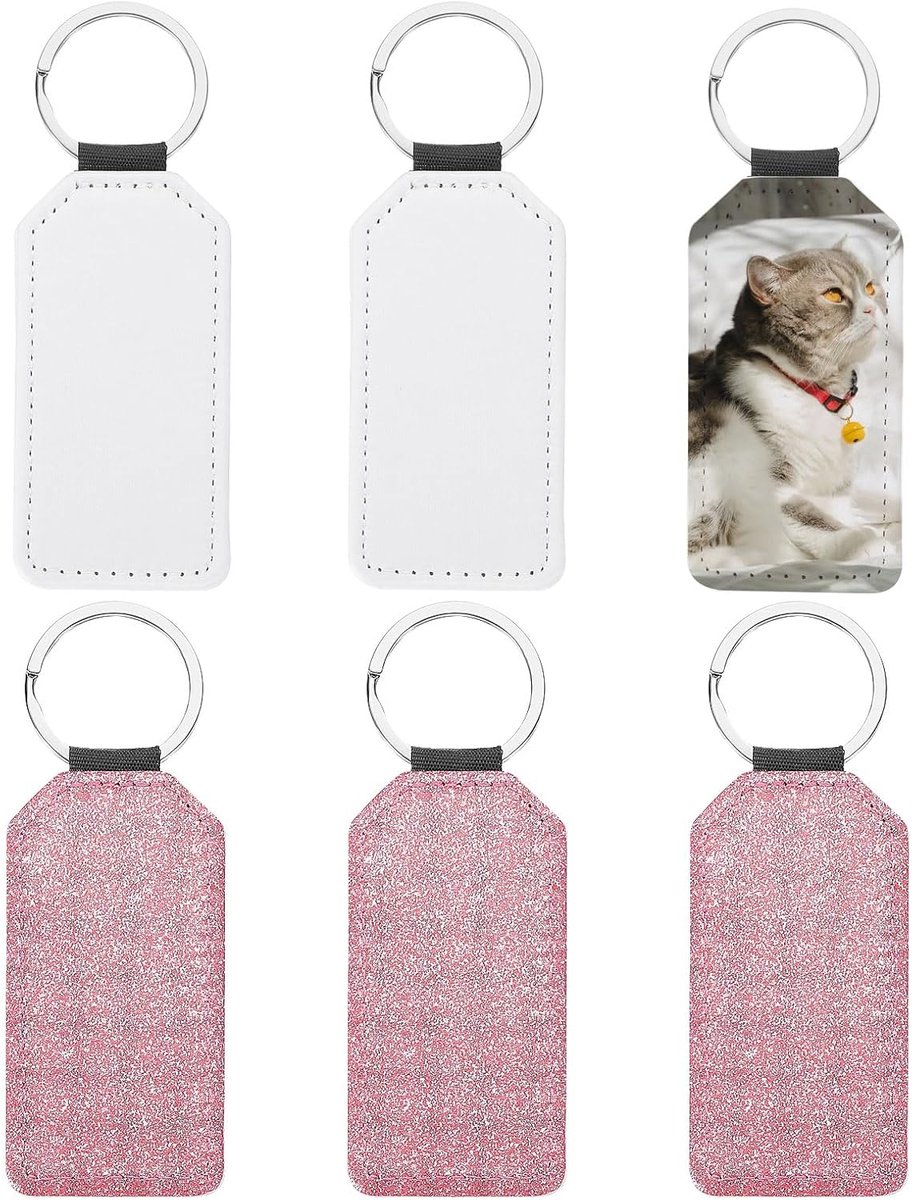 Witte sublimatiesleutelhanger, 6 stuks lege zeshoekige sleutelhangers van PU-leer voor warmteoverdracht, roze glitter
