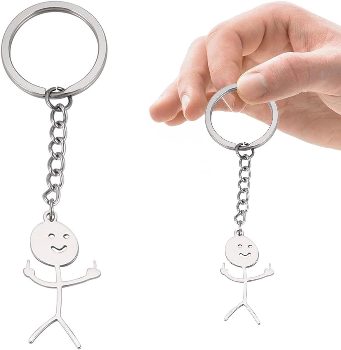 2 grappige graffiti-sleutelhangers van roestvrij staal, vingerstickman-sleutelhanger, interessante graffiti-sleutelhangers, heren en dames (zilver), zilver, 1