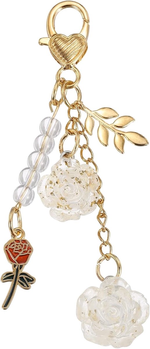 Bloemen Charm Sleutelhanger Leuke Hars Goudkleur Rose Hanger Sleutelhanger Kwastje Parelketting Sleutelring Met Sieradendoos Voor Vrouwen Handtas Auto Sleutel