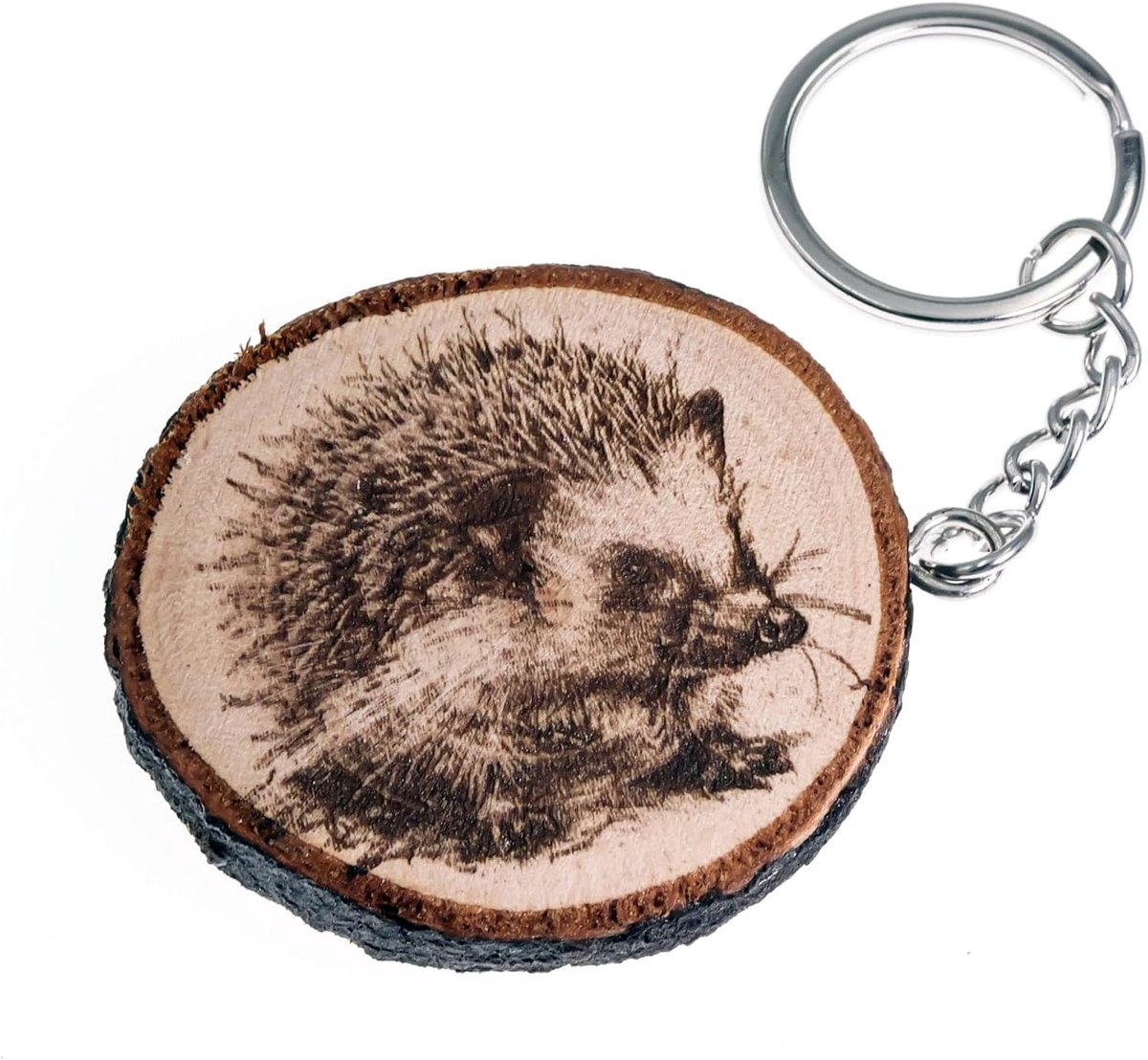Sleutelhanger van natuurlijk hout met wilde dieren egel Erinaceus europaeus
